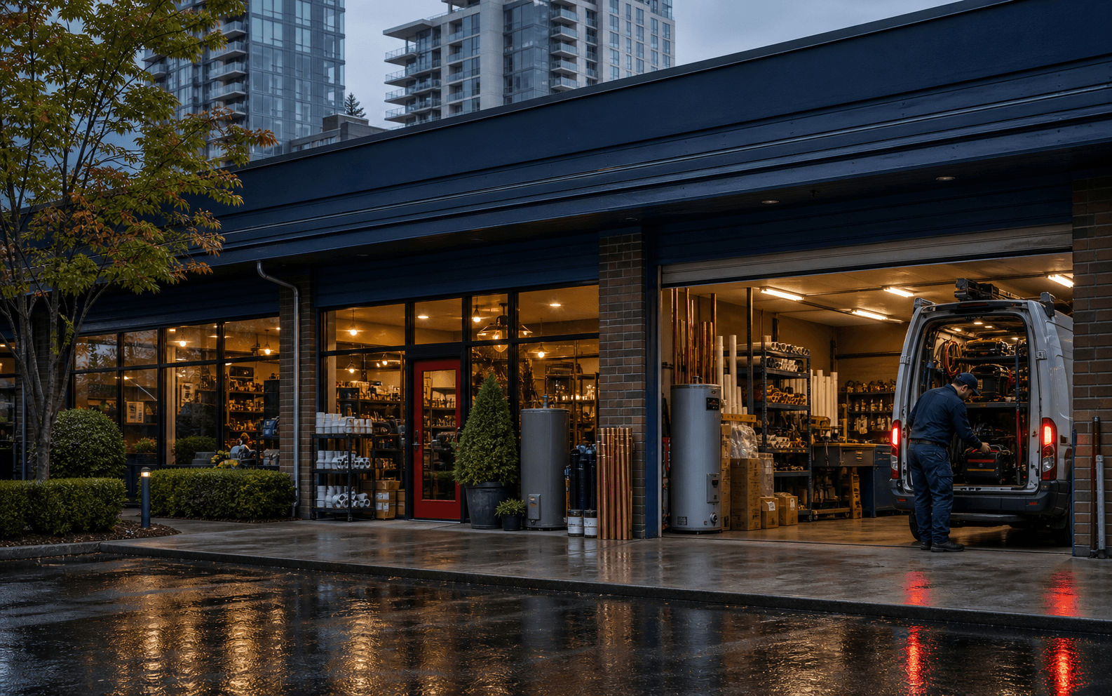 Downtown Bellevue plumbing shop exterior at 10900 NE 4th Street — licensed and insured Washington State plumbing contractor serving Bellevue, Redmond, Kirkland, Issaquah, and the Eastside