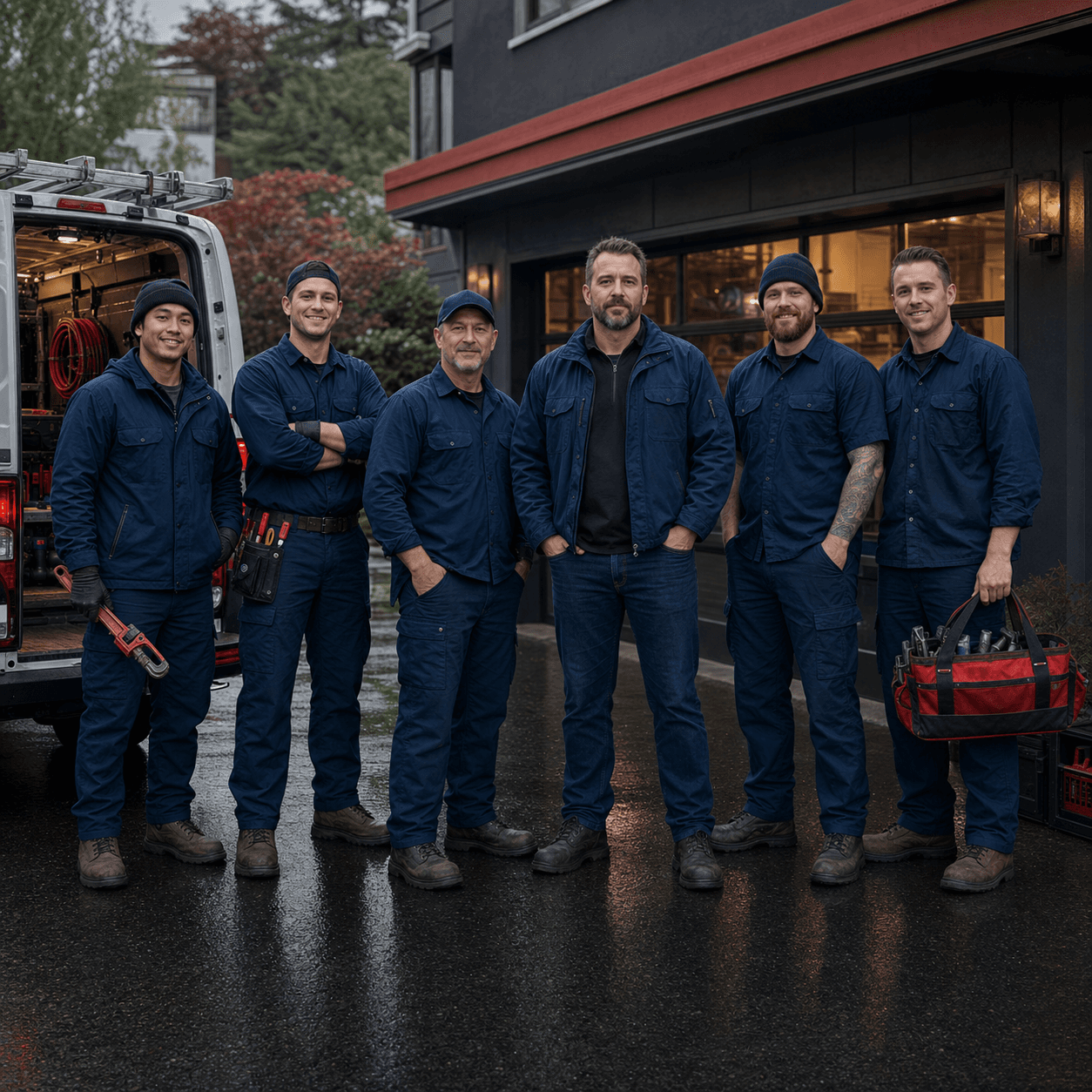 Bellevue Plumber Pro licensed plumbing team — six master and journey-level plumbers standing outside the Downtown Bellevue shop at 10900 NE 4th Street, family-owned since 2014