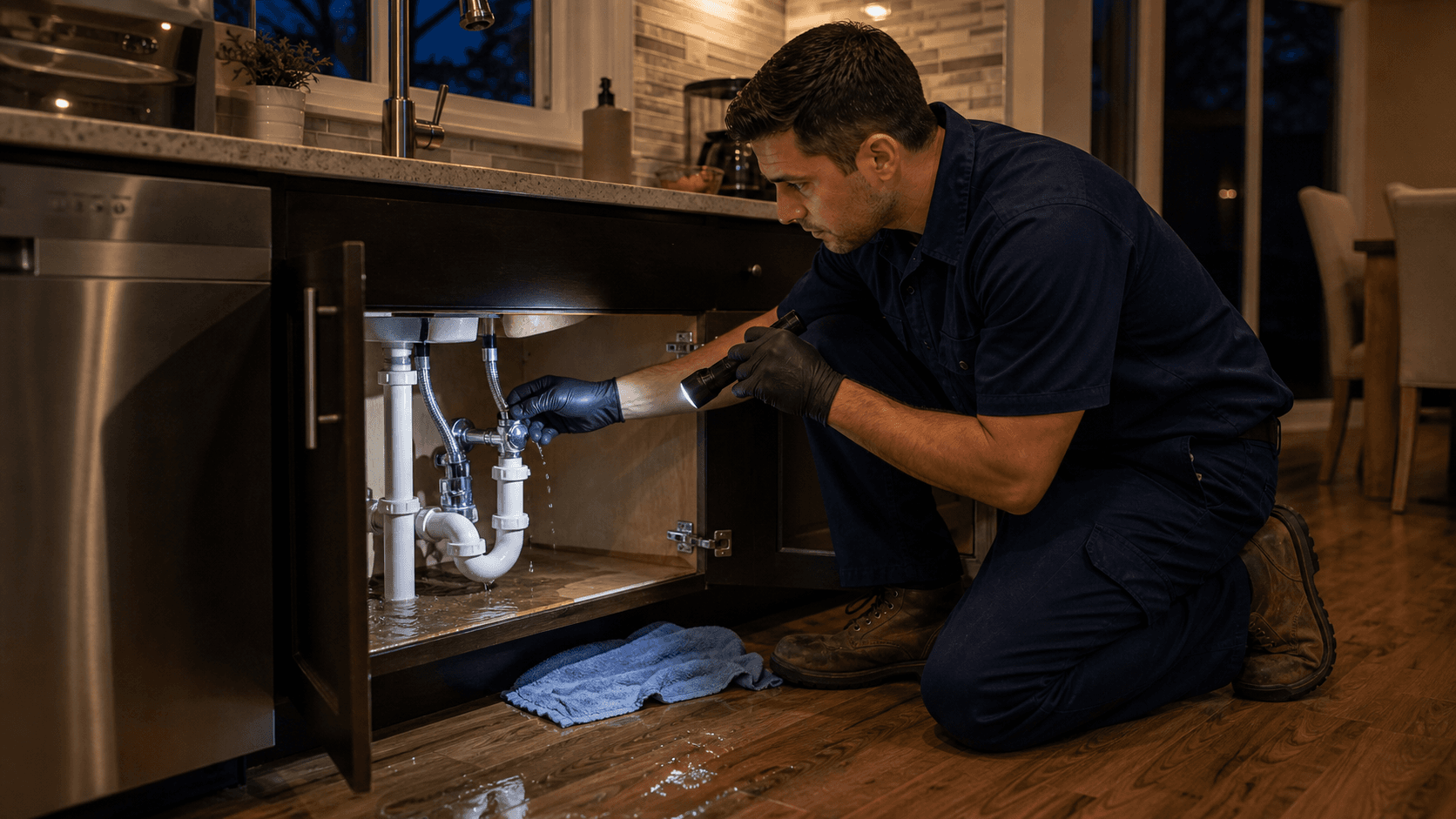 Evening plumbing response to water spreading from an under-sink leak