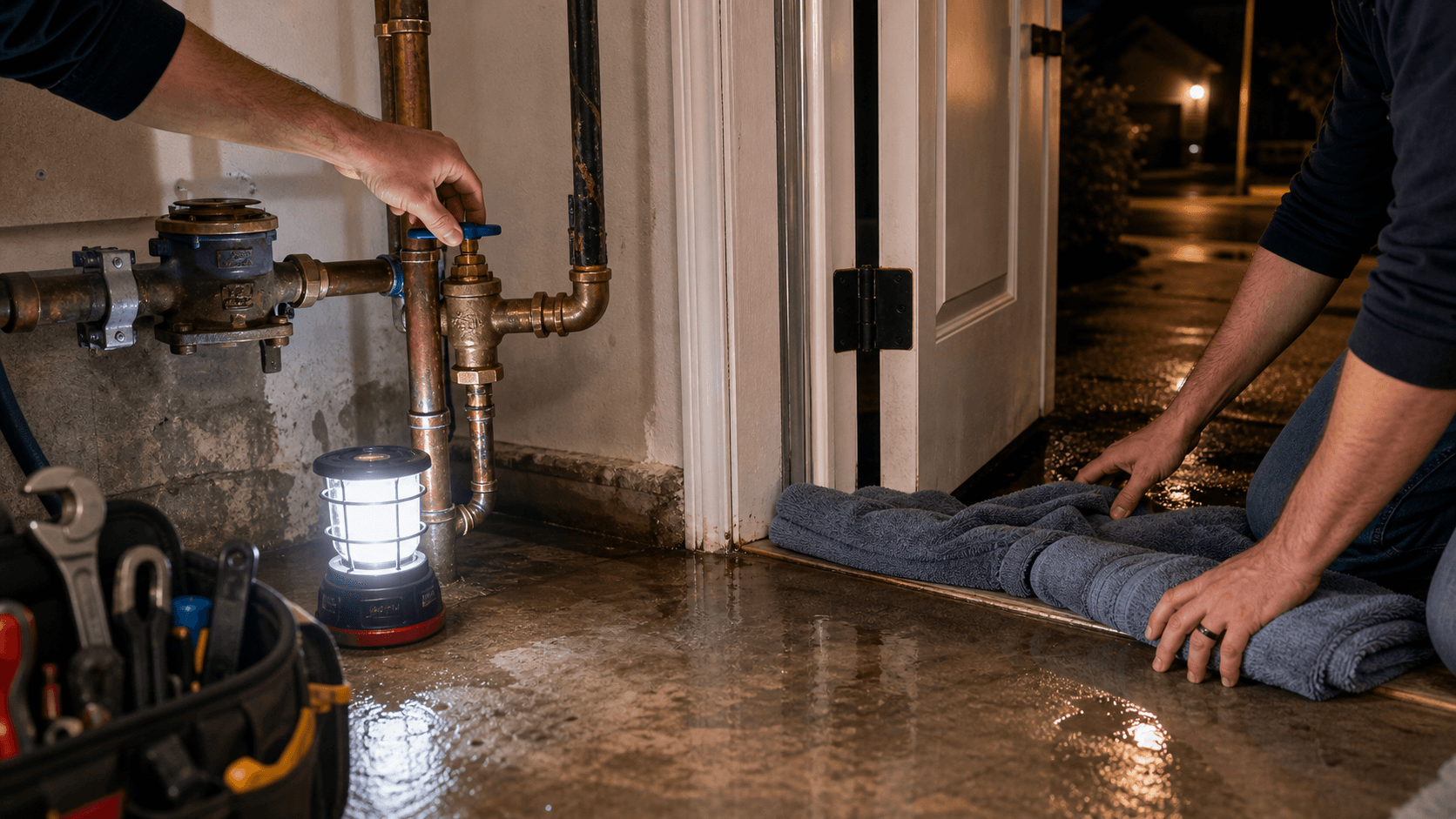 Main shutoff and towel containment during a nighttime plumbing leak
