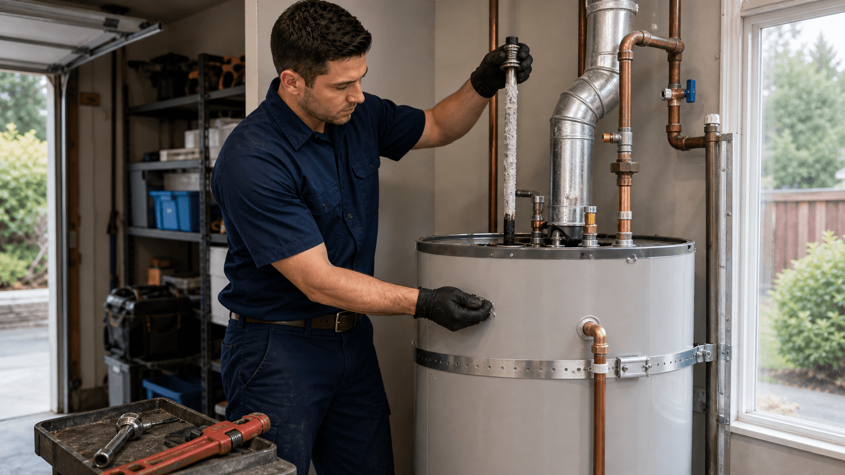 Plumber removing an anode rod from the top of a residential water heater