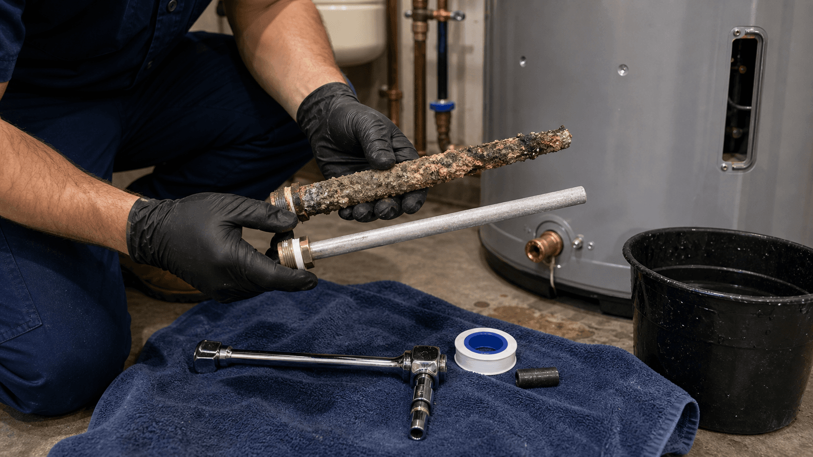 Corroded sacrificial anode rod compared with a new replacement rod beside a water heater