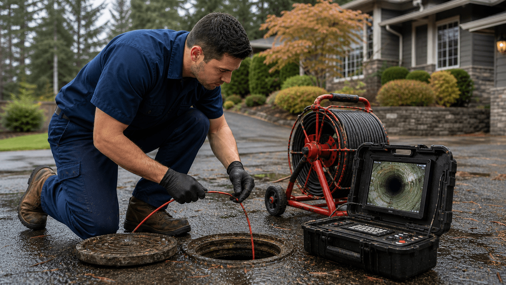 Plumber using a sewer camera monitor beside an exterior cleanout on a wet Bellevue driveway