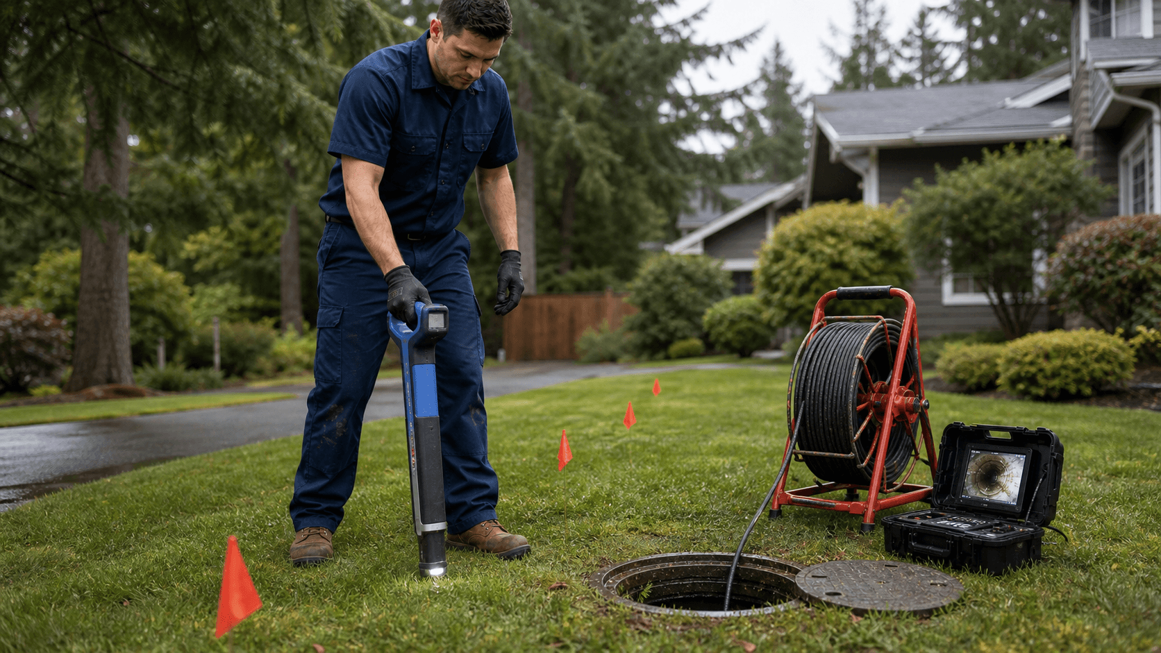 Plumber using a locator wand to trace a sewer lateral through a Bellevue yard