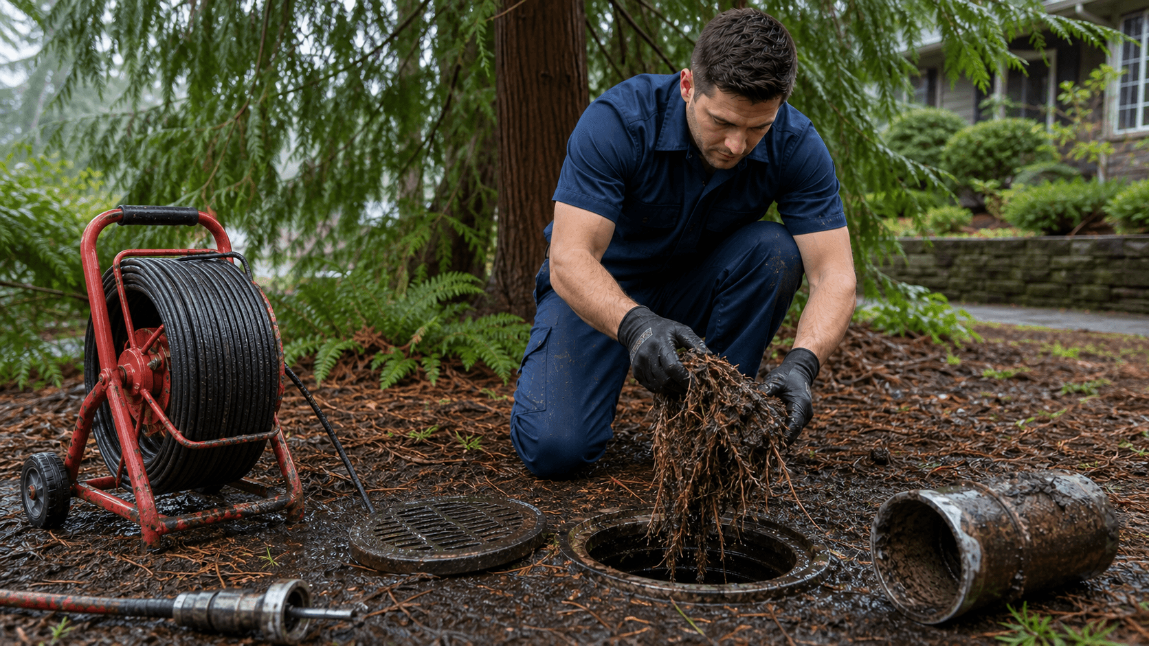 Plumber pulling a cedar root mass from an exterior sewer cleanout in a Bellevue yard