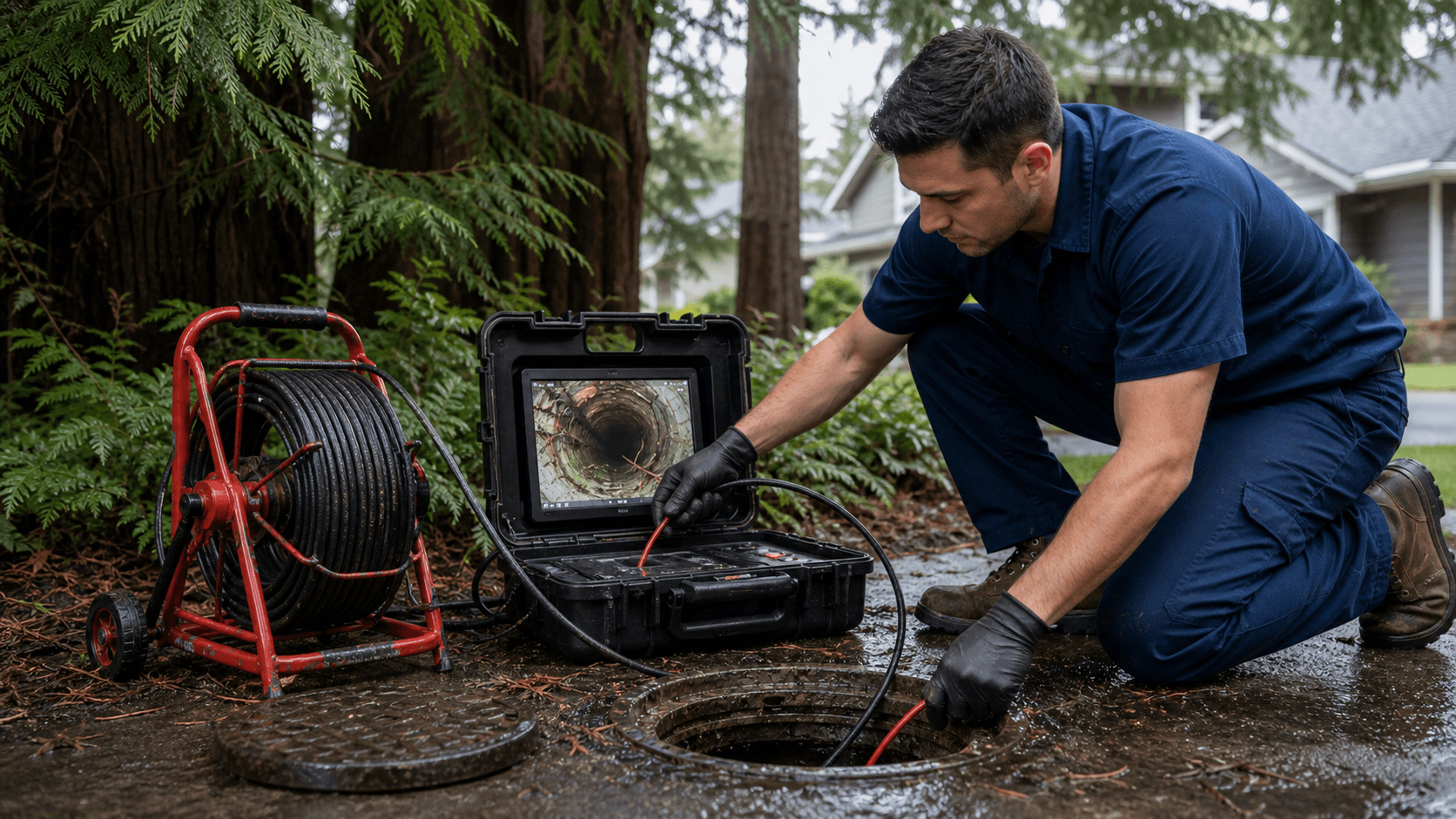 Sewer camera monitor showing roots entering a pipe joint near an exterior cleanout