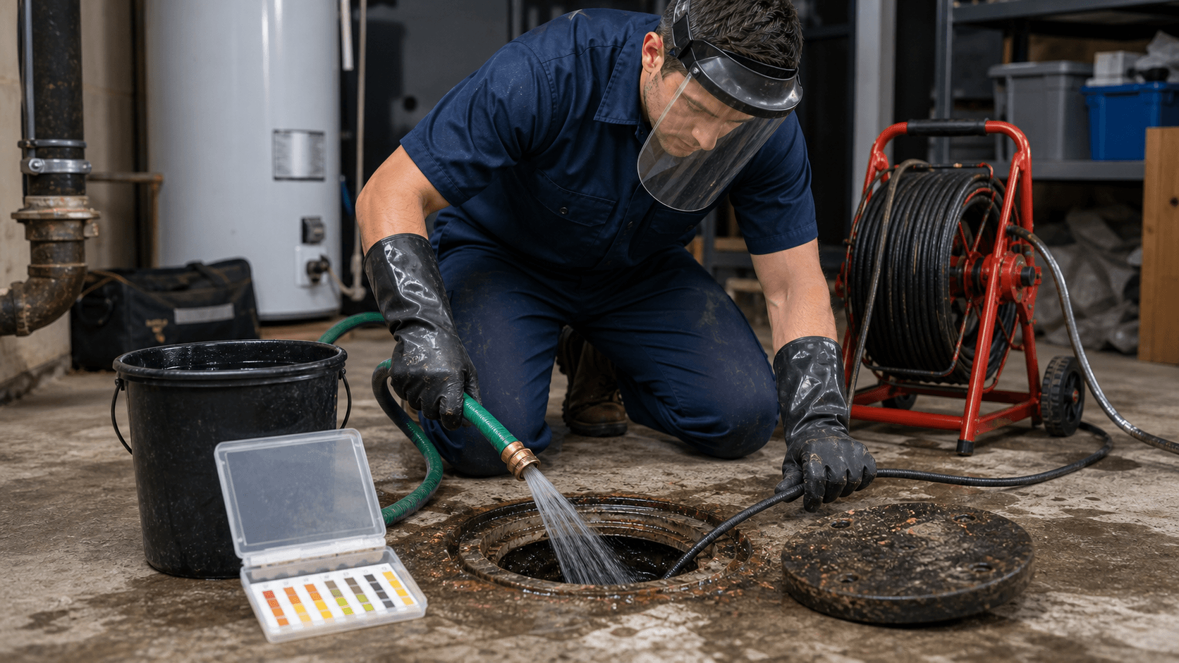 Plumber flushing a drain cleanout with safety gear before cabling a chemically treated line