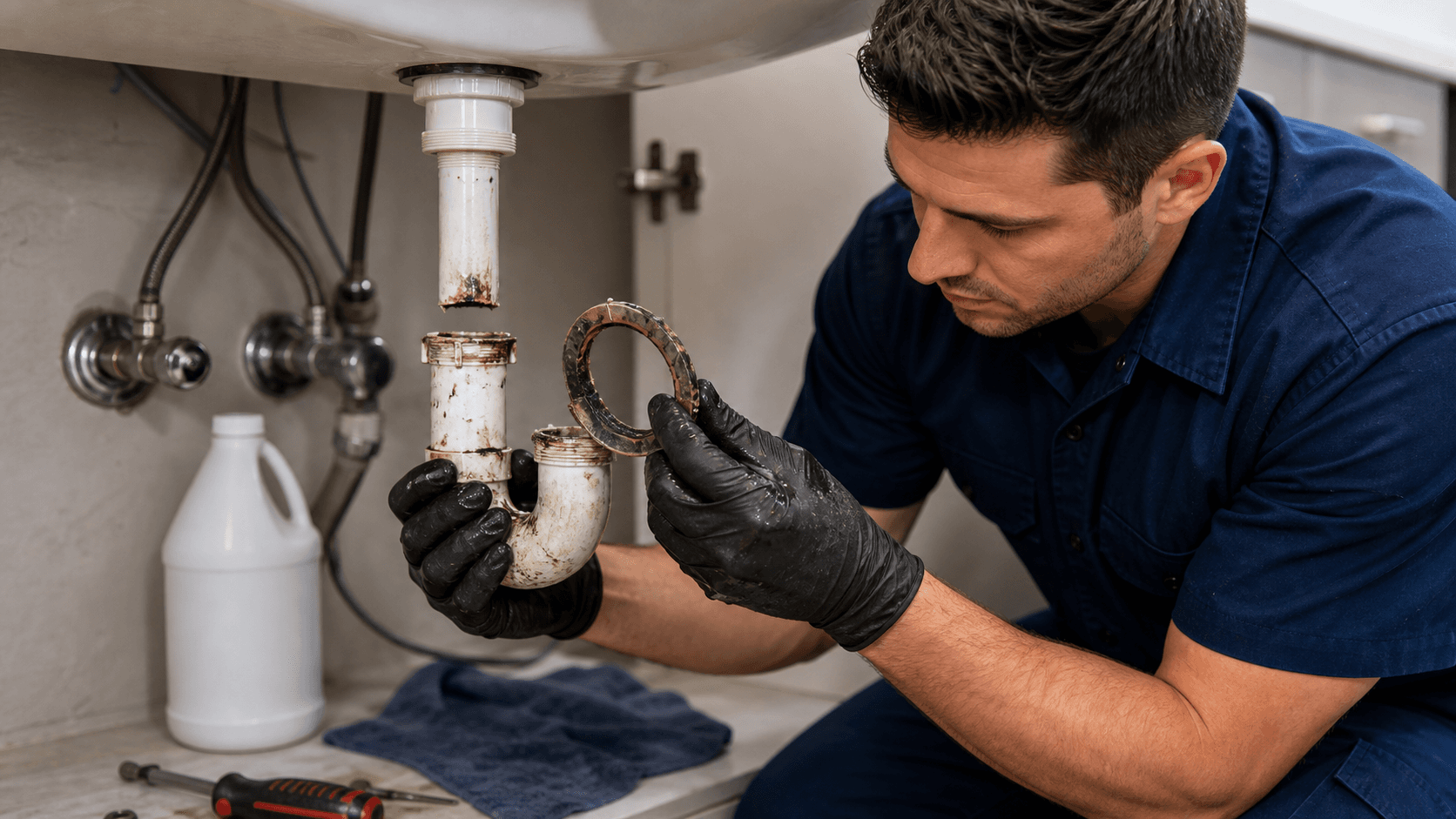 Plumber inspecting a damaged trap gasket after chemical drain cleaner exposure