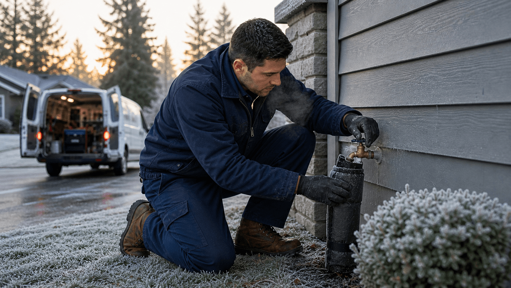 Plumber checking an insulated exterior hose bib during an Eastside cold snap
