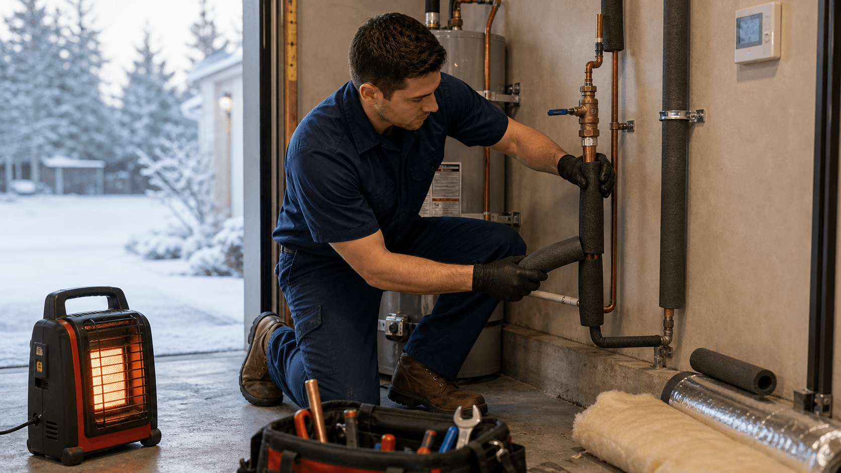 Plumber insulating exposed garage piping and checking the main shutoff during freezing weather