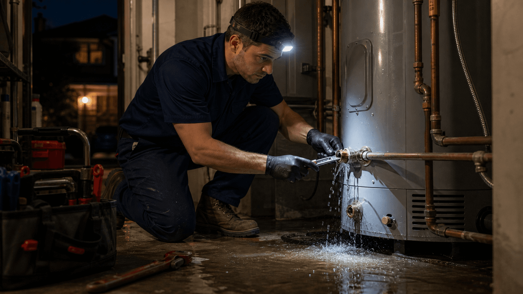 After-hours plumber responding to a leaking water heater in a residential utility room