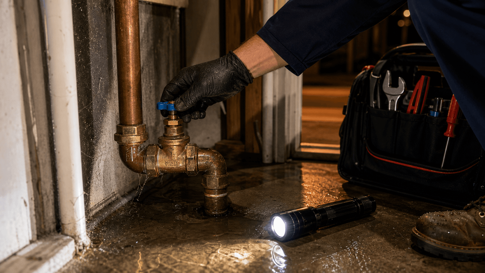 Plumber closing a main water shutoff valve during a nighttime leak response