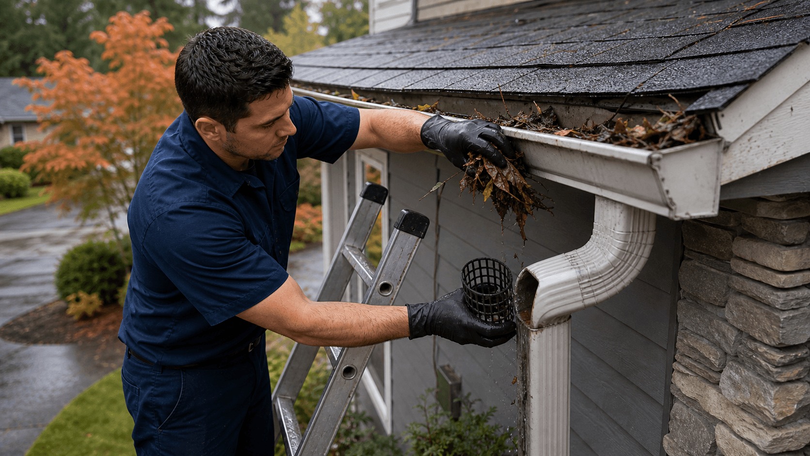 Gloved hands removing wet leaves from a gutter and checking a downspout strainer