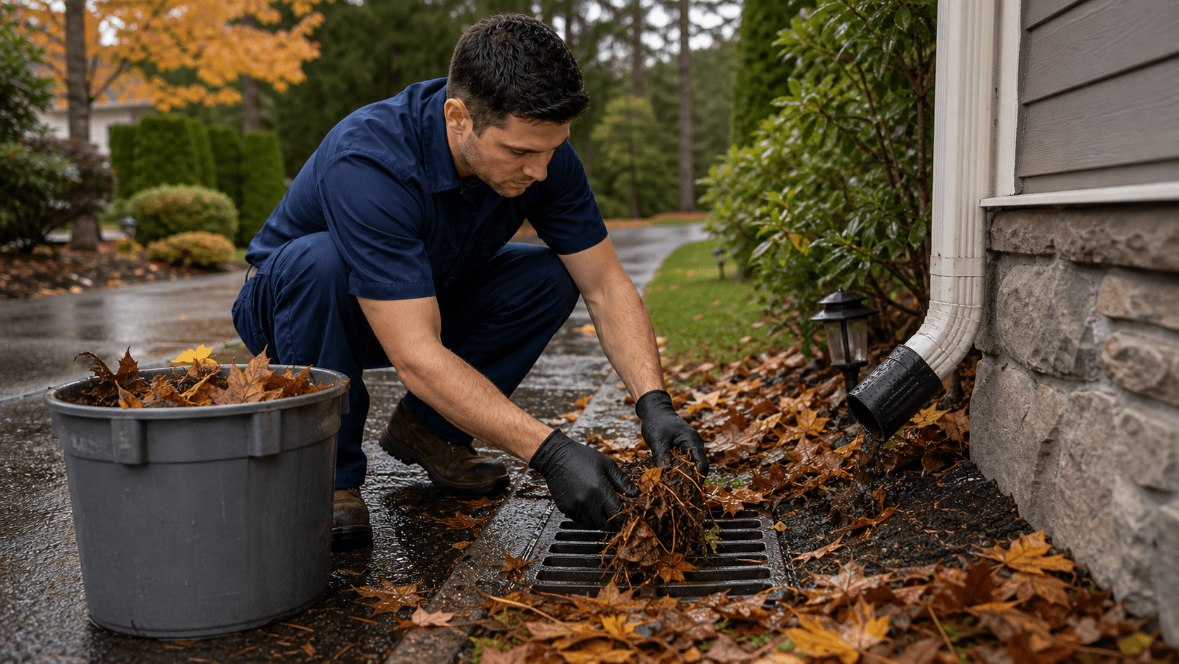 Technician clearing wet autumn leaves from a Bellevue yard drain grate near a driveway