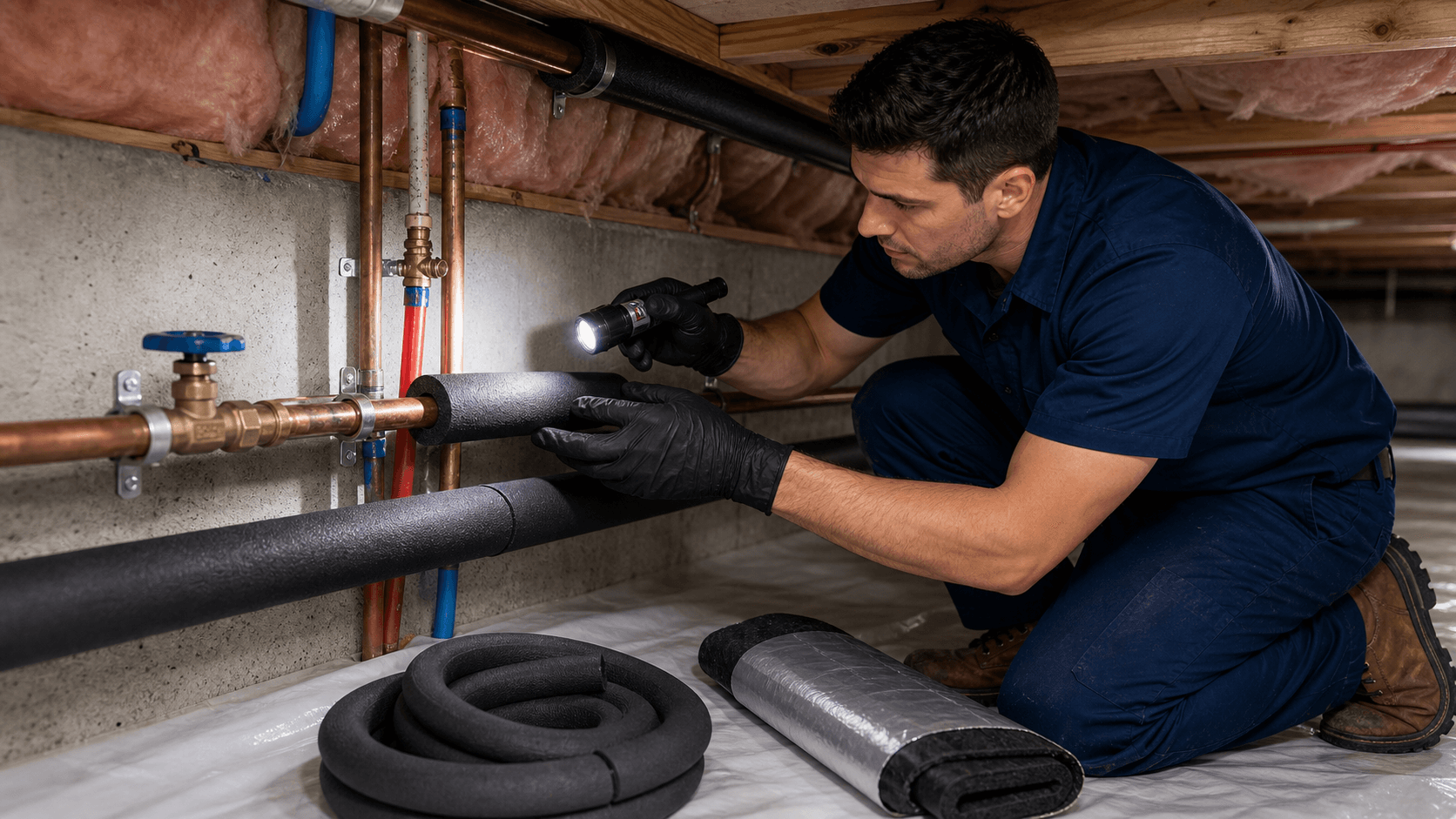Plumber insulating exposed water lines in a crawlspace to prevent freezing