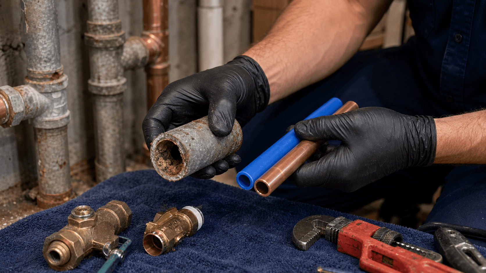 Cut galvanized pipe with narrowed rusty interior beside PEX and copper replacement materials