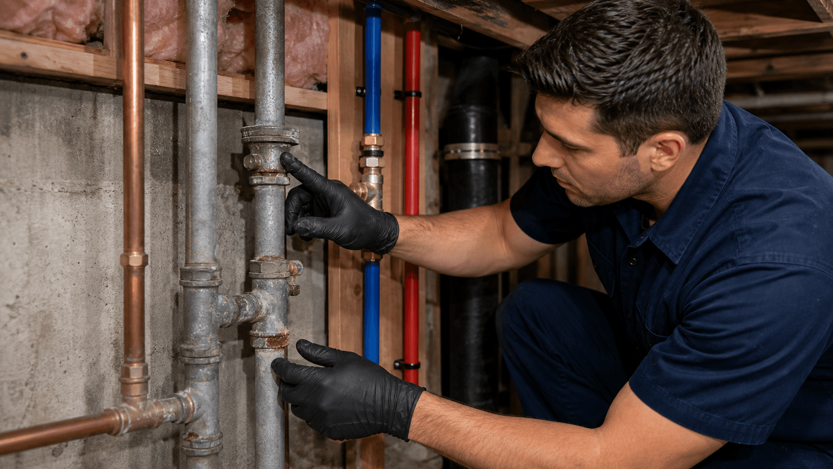 Plumber inspecting corroded galvanized supply piping in an older Bellevue basement