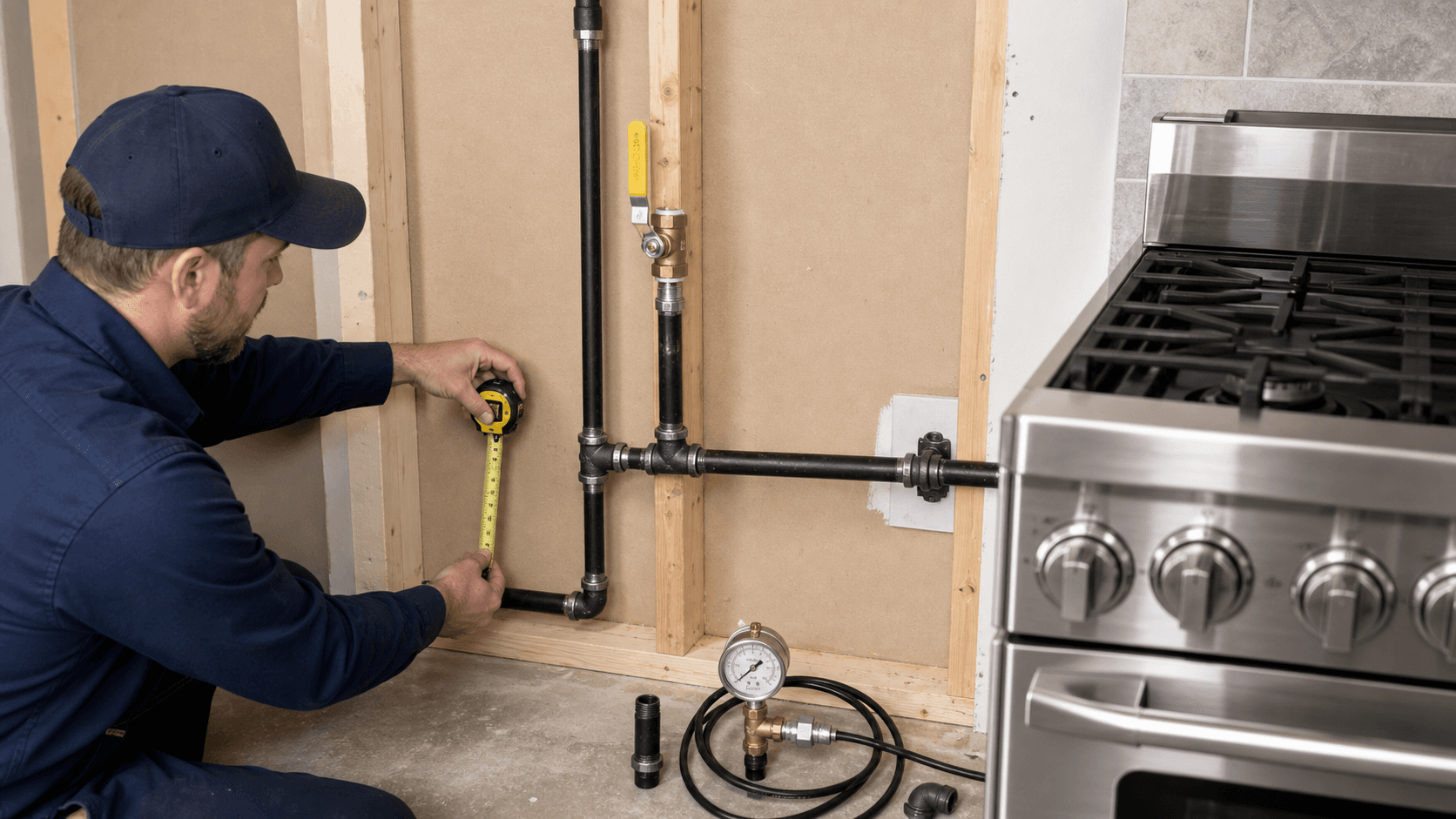 Licensed plumber laying out black iron gas pipe for an appliance connection