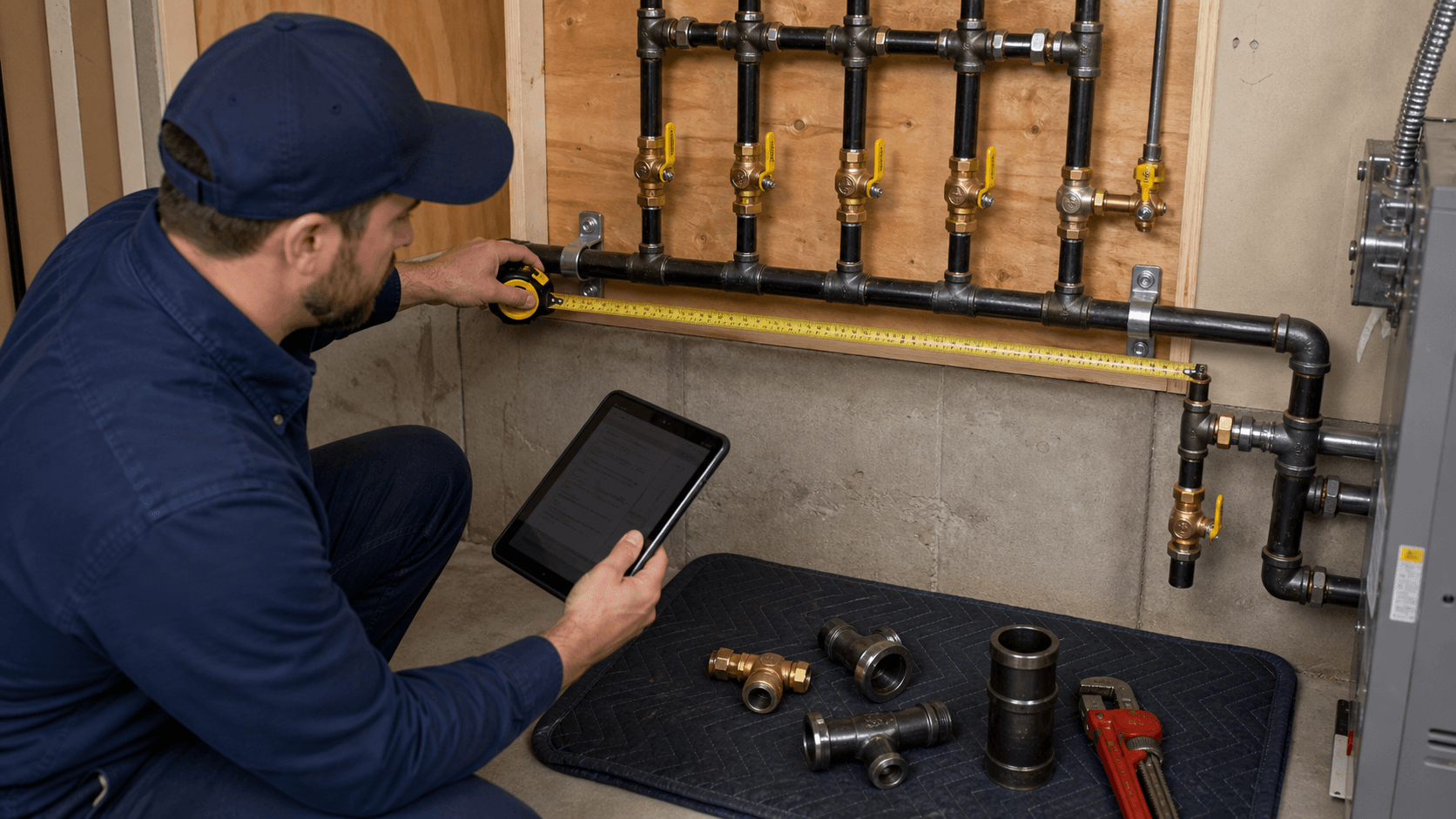 Plumber measuring a gas pipe run length before sizing an appliance connection