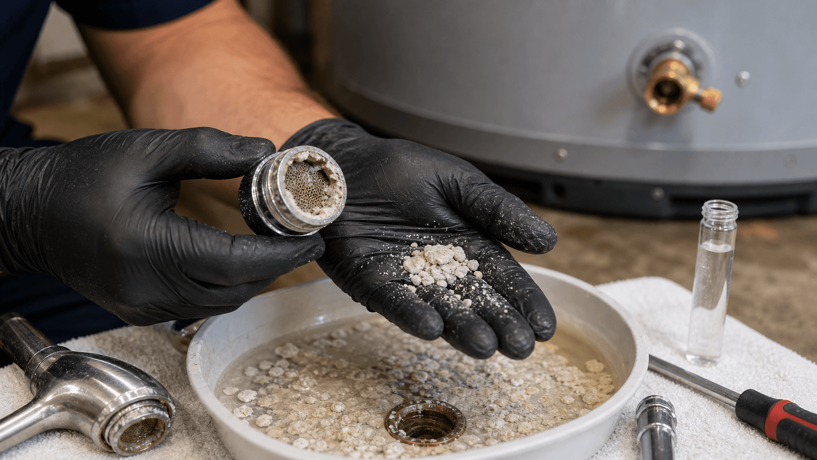 Scaled faucet aerator and mineral sediment sample beside a water test vial