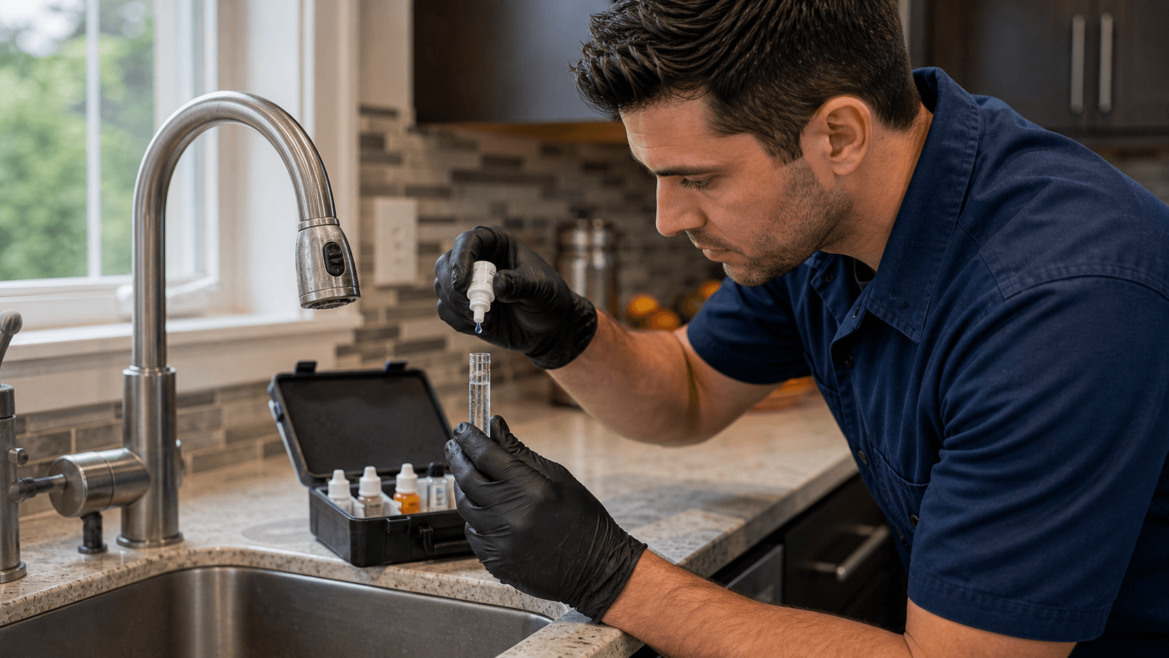 Plumber testing tap water hardness at a Bellevue kitchen sink with a sample vial