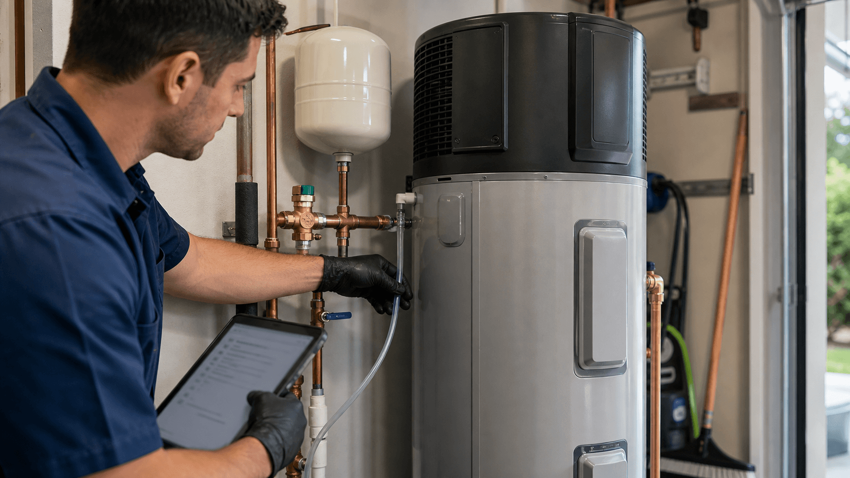 Plumber checking condensate tubing and piping beside a heat pump water heater