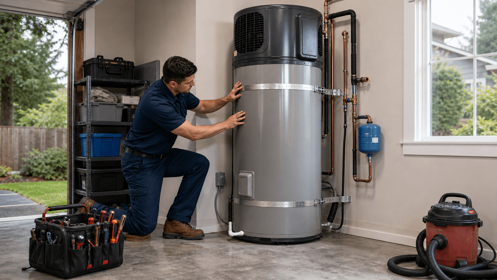 Plumber installing a hybrid heat pump water heater in a Bellevue garage utility area
