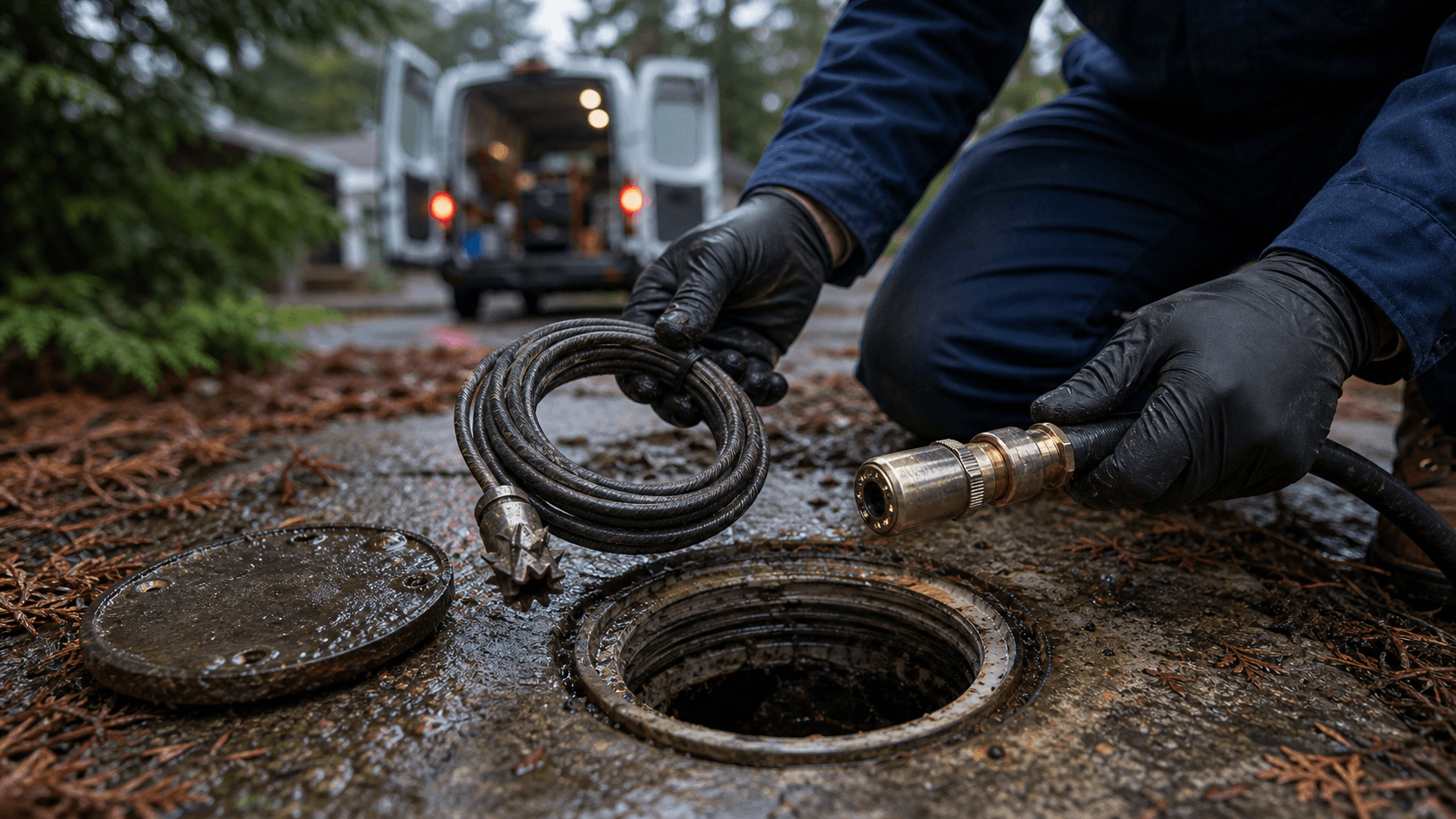 Close-up of a mechanical drain cable cutter and brass hydro jetting nozzle beside an open sewer cleanout