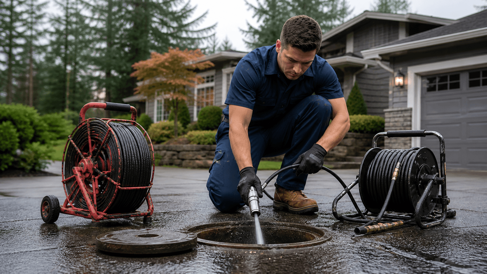 Bellevue plumber kneeling at an exterior sewer cleanout with hydro jetting and cabling equipment on a wet driveway