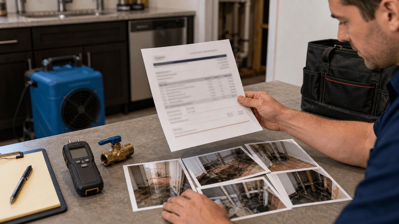 Water damage claim documentation materials organized with photos and a moisture meter