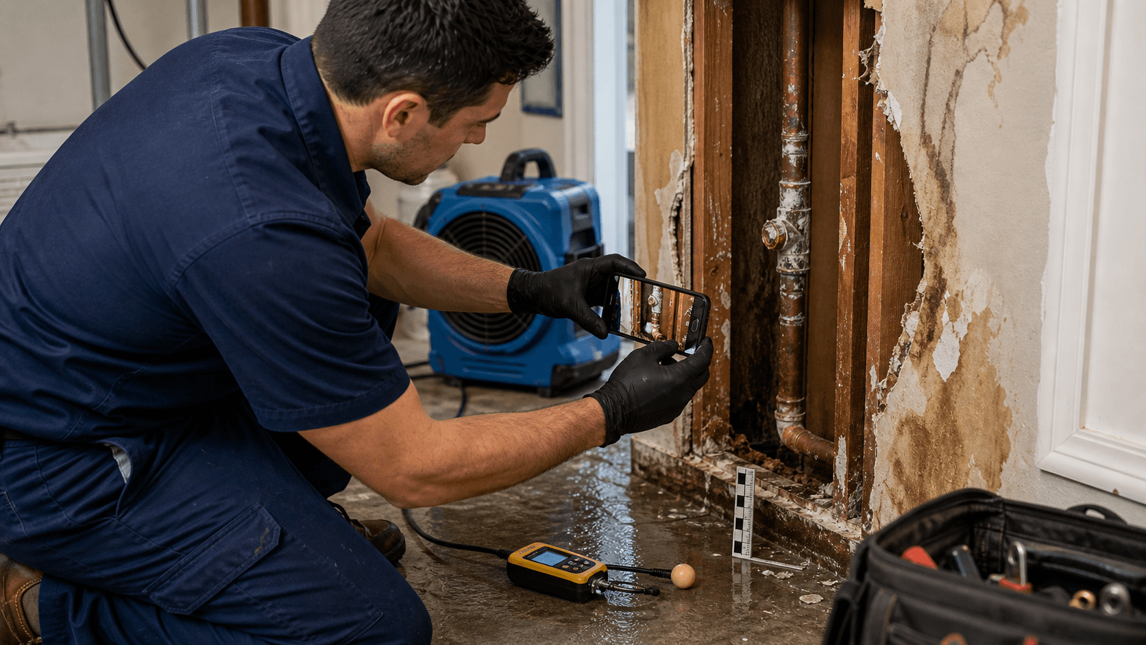 Plumber documenting a wet pipe repair area with a moisture meter and phone camera