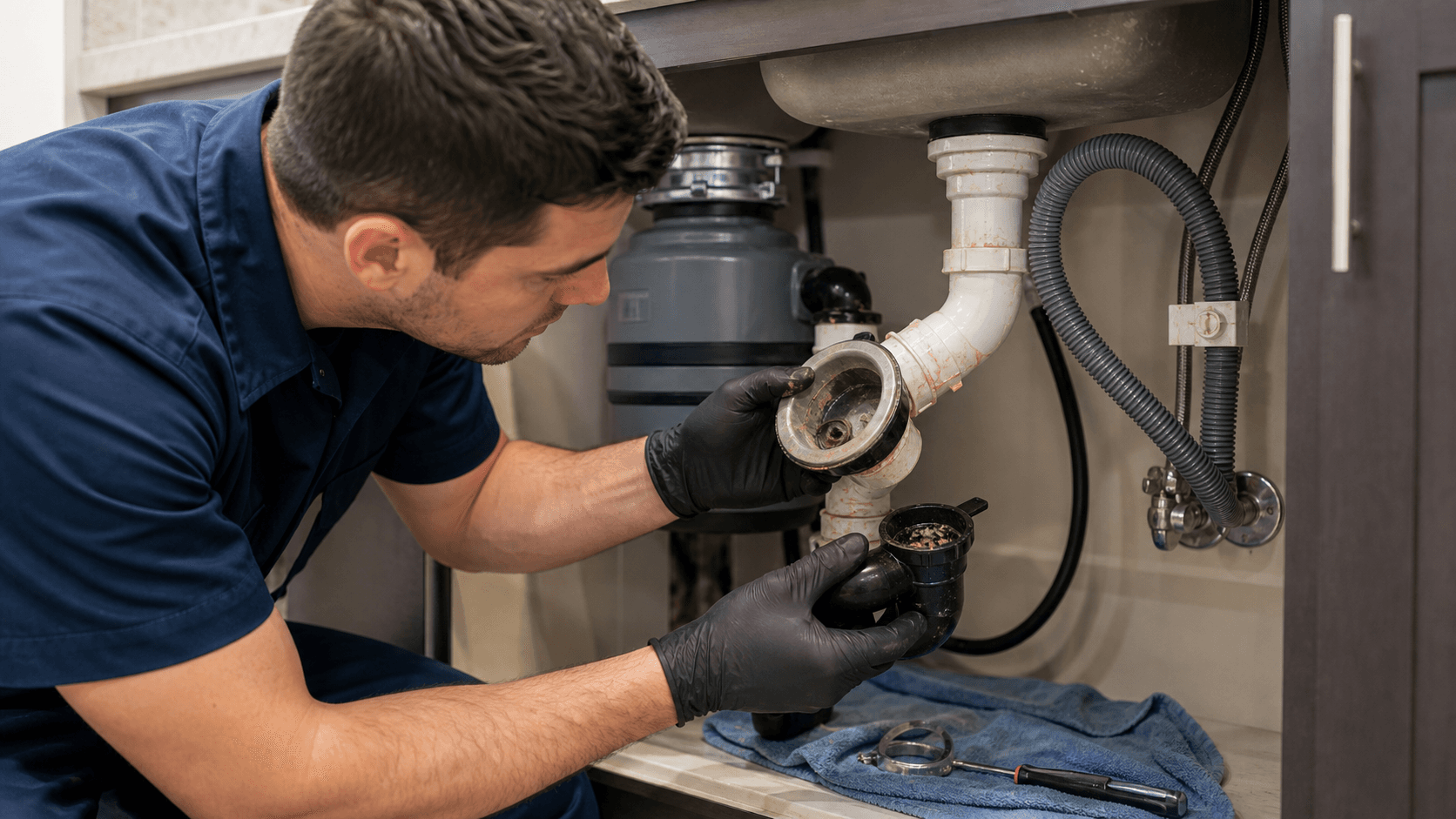 Plumber inspecting a garbage disposal outlet and dishwasher discharge hose under a kitchen sink