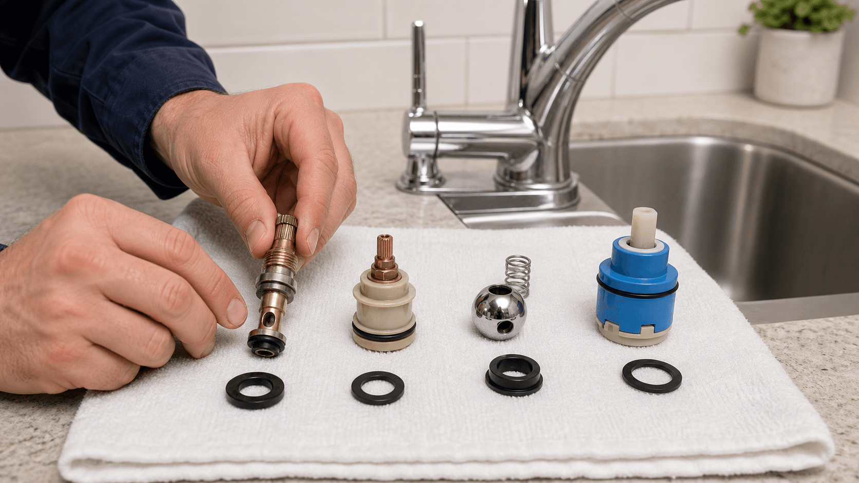 Compression washer cartridge ball and ceramic disc faucet parts arranged on a towel