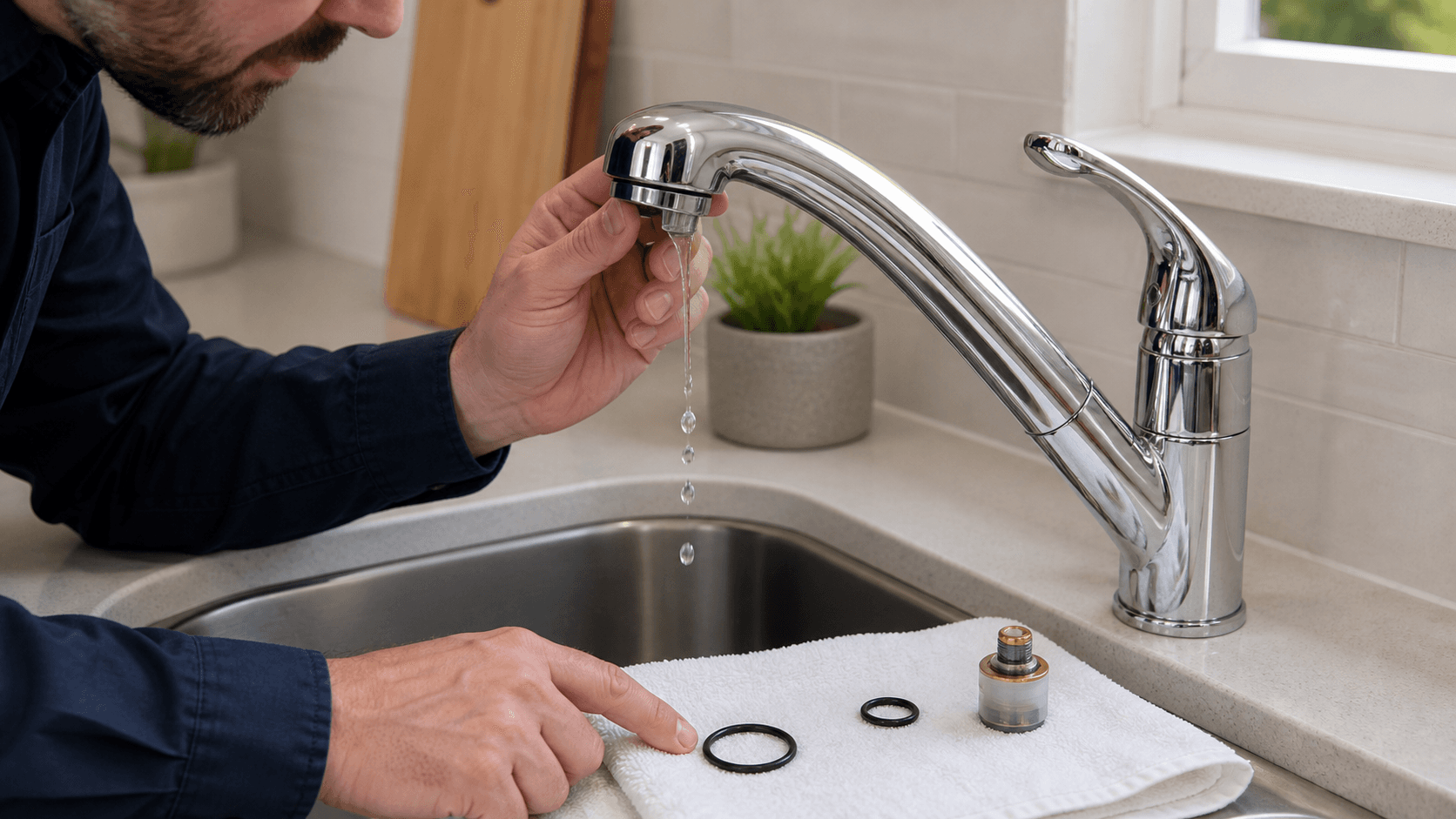 Faucet spout drip and O ring parts checked during a leak location diagnosis