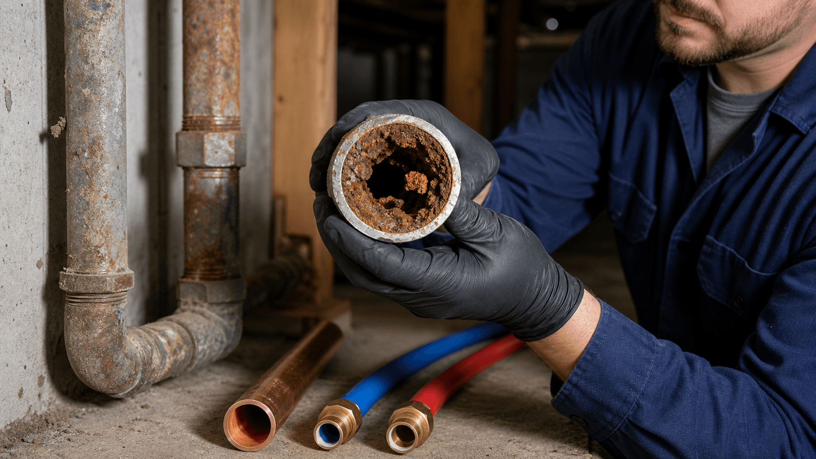 Cut corroded galvanized supply pipe beside copper and PEX replacement materials