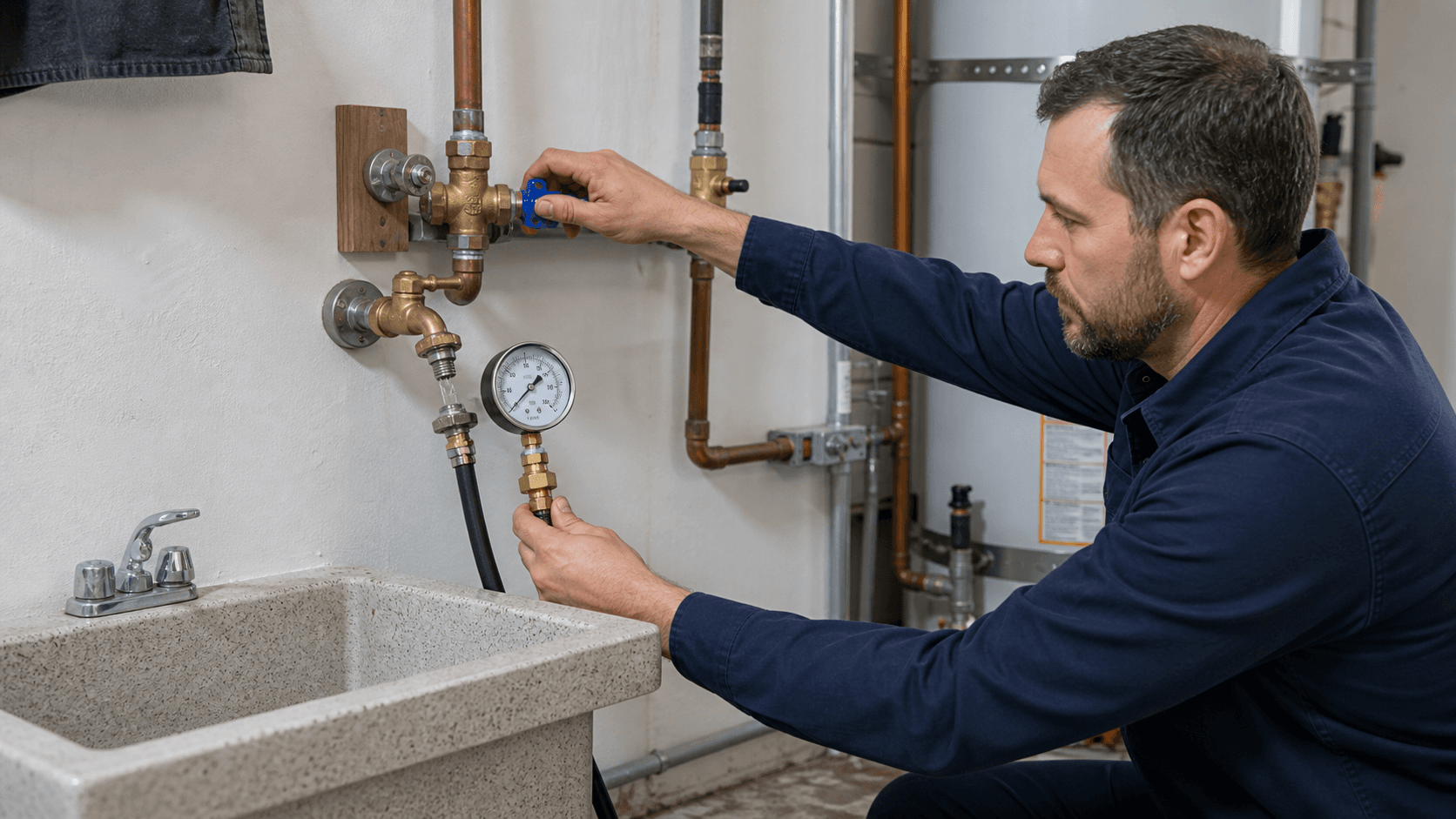 Plumber attaching a pressure gauge to a utility faucet for a whole house pressure test