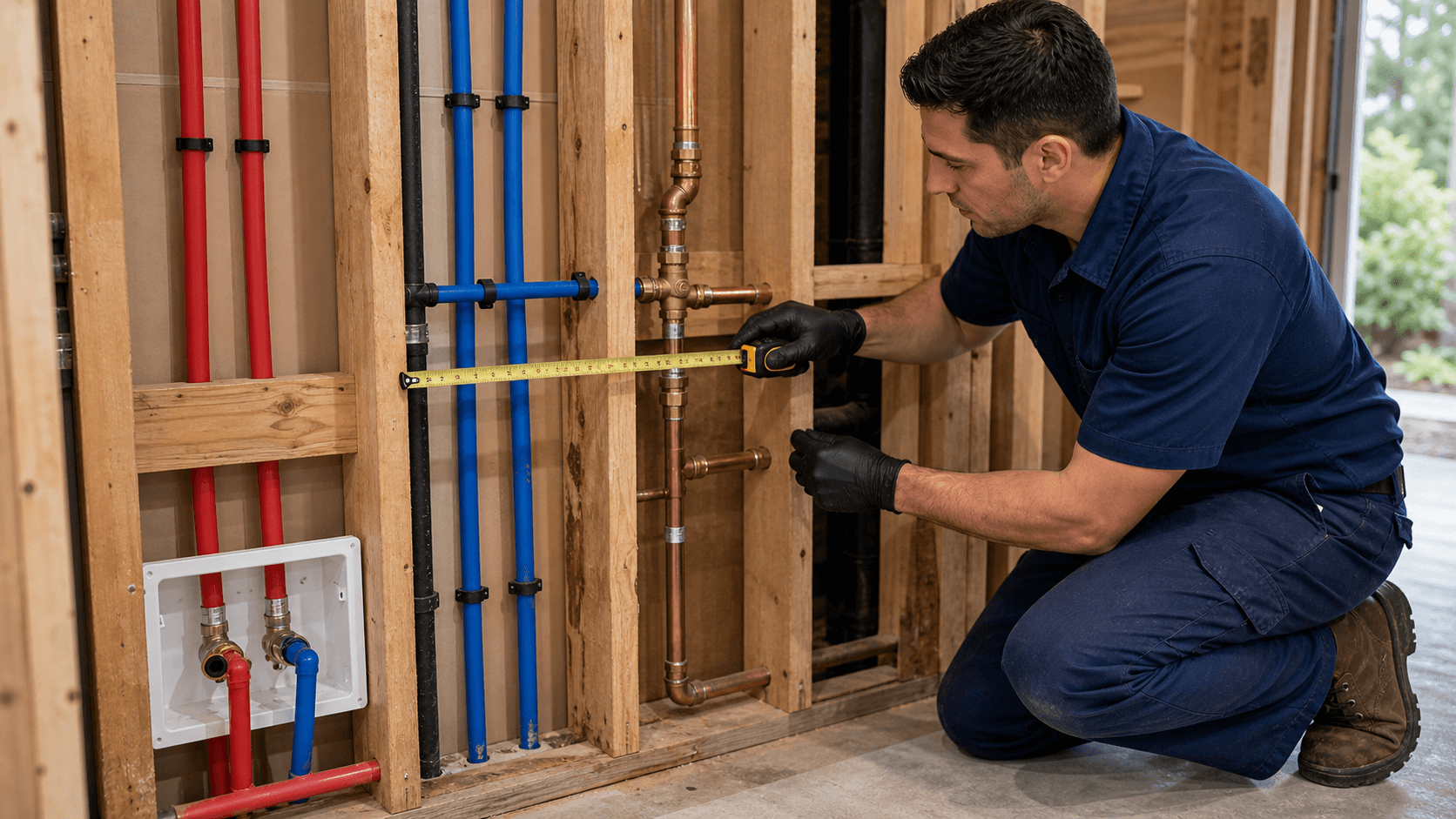 Open wall bay showing neat PEX and copper piping during a whole-house repipe