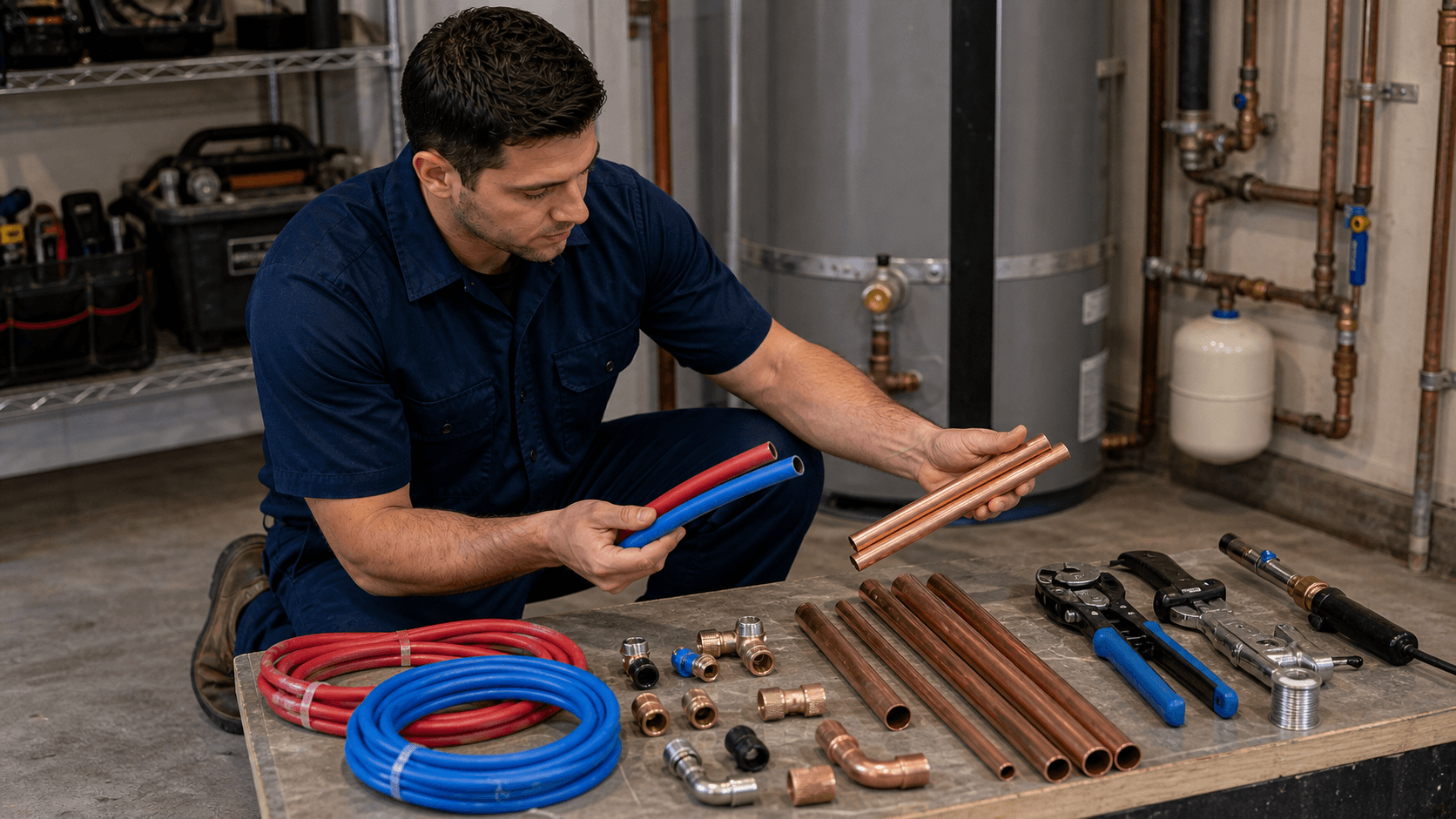 Plumber comparing PEX tubing and copper pipe materials for a Bellevue repipe