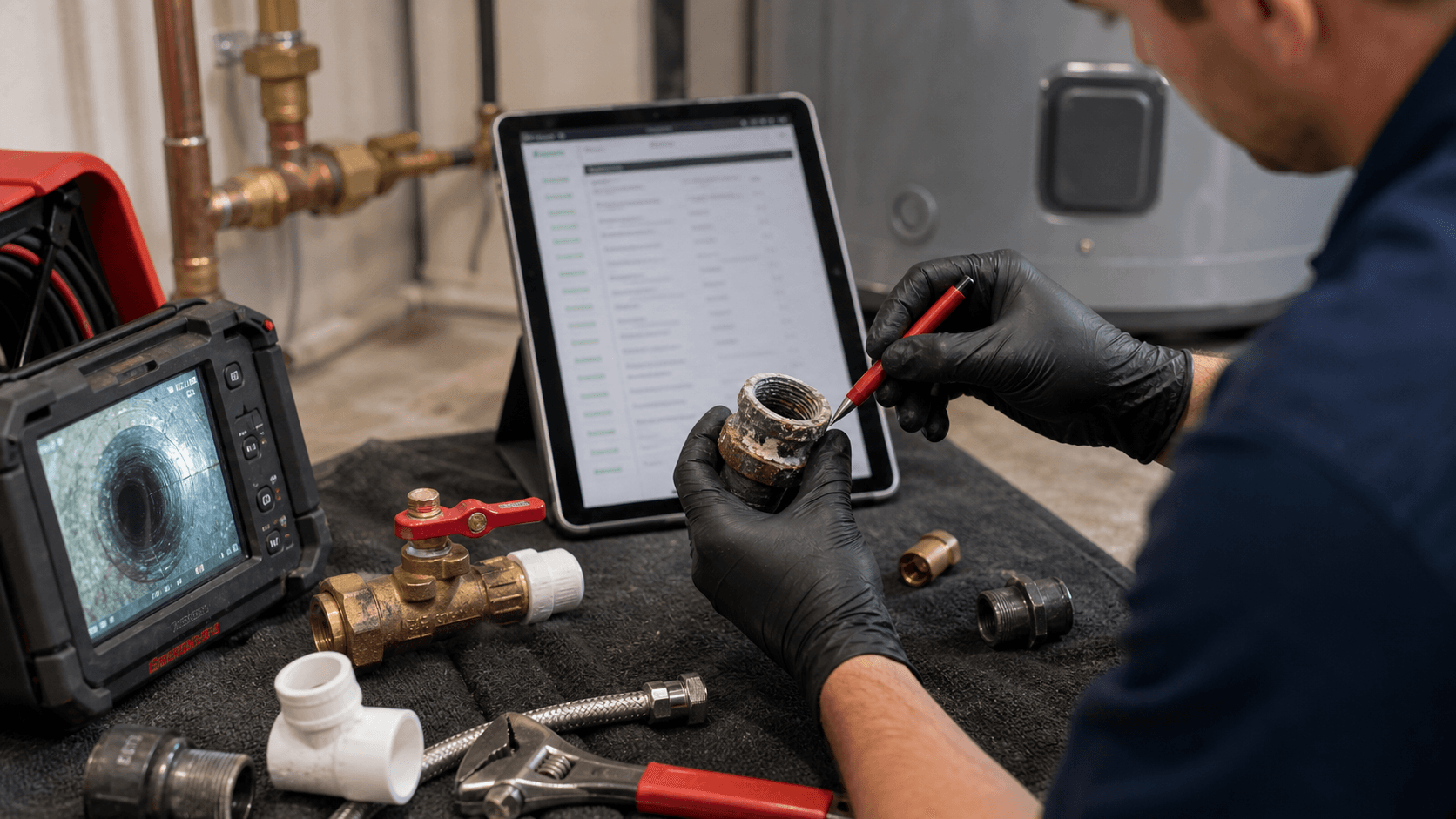 Plumbing diagnostic tools and replacement parts arranged beside a blurred estimate tablet