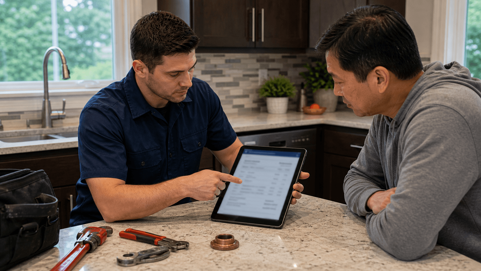 Plumber reviewing a flat-rate quote on a tablet with a homeowner at a kitchen counter