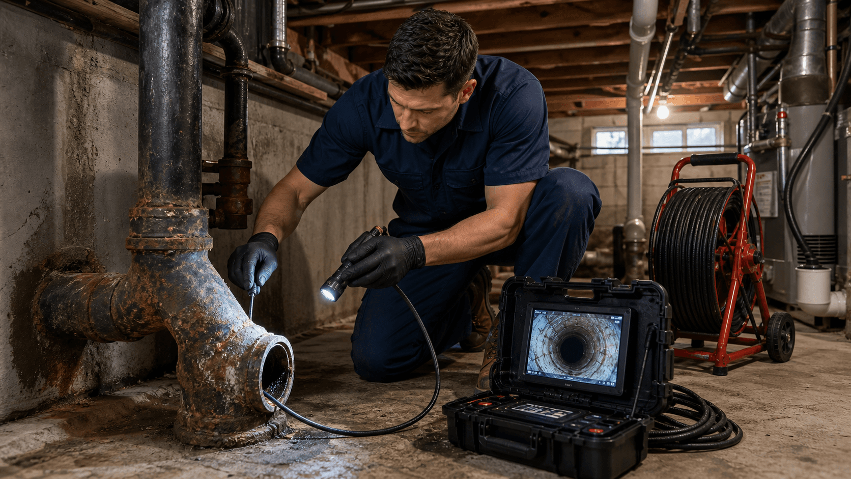 Plumber inspecting old cast iron drain piping with a camera in a Bellevue basement