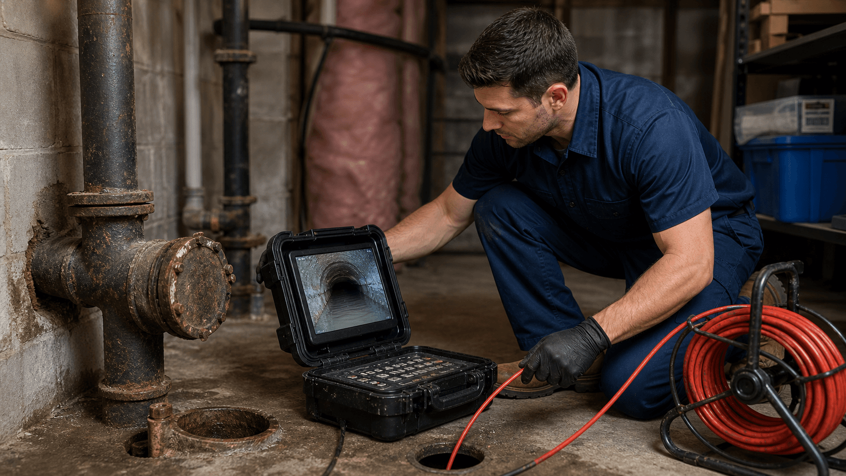 Sewer camera monitor showing standing water inside a sagging drain line