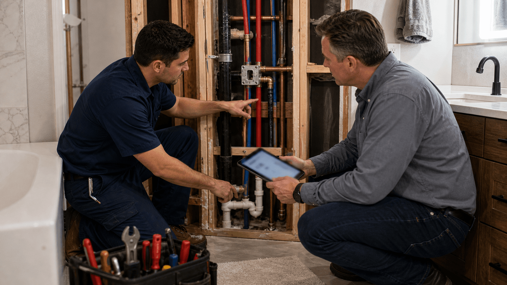 Plumber and inspector reviewing exposed plumbing behind an opened bathroom wall