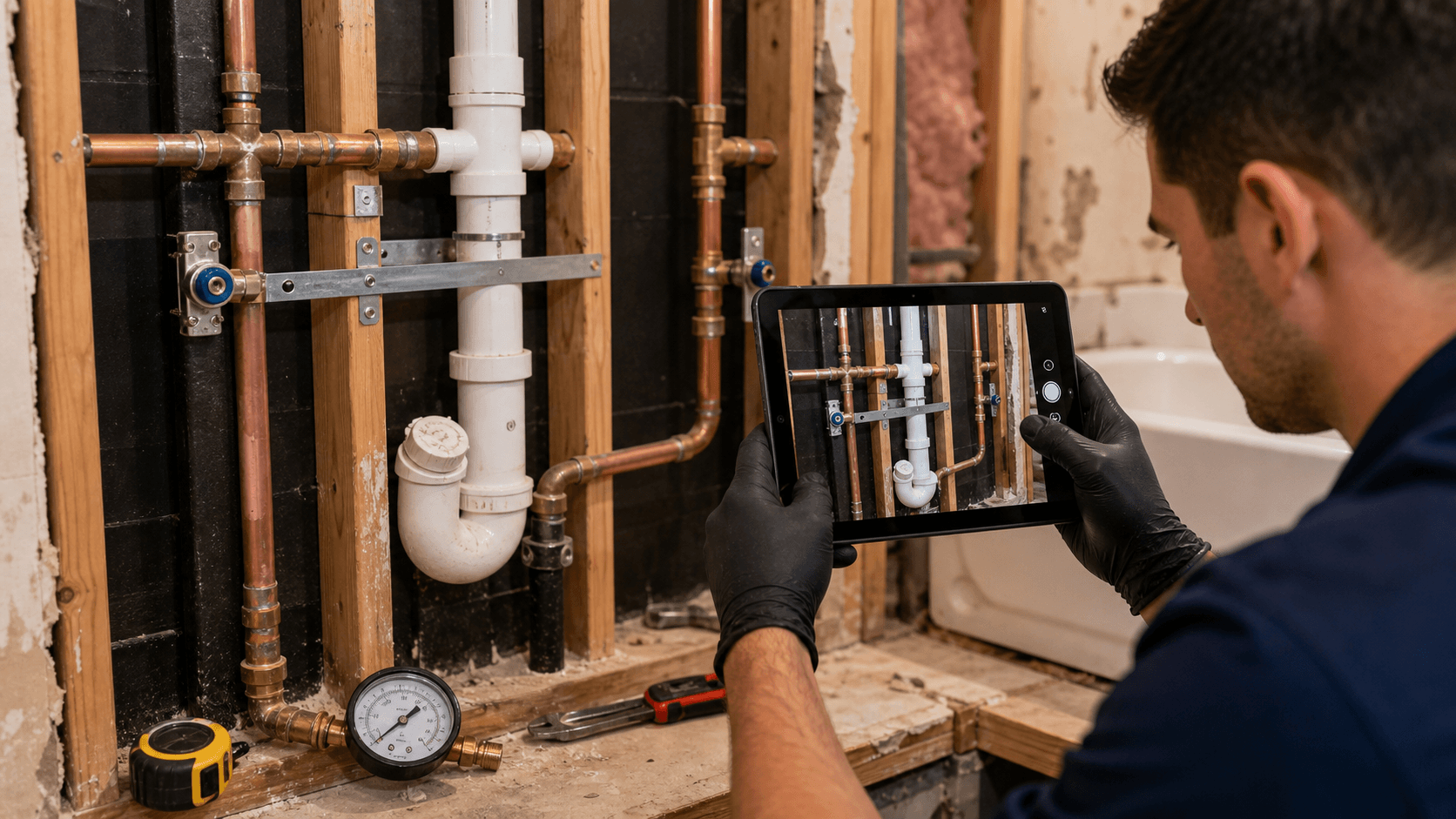 Plumber photographing exposed drain and supply lines with a pressure gauge nearby