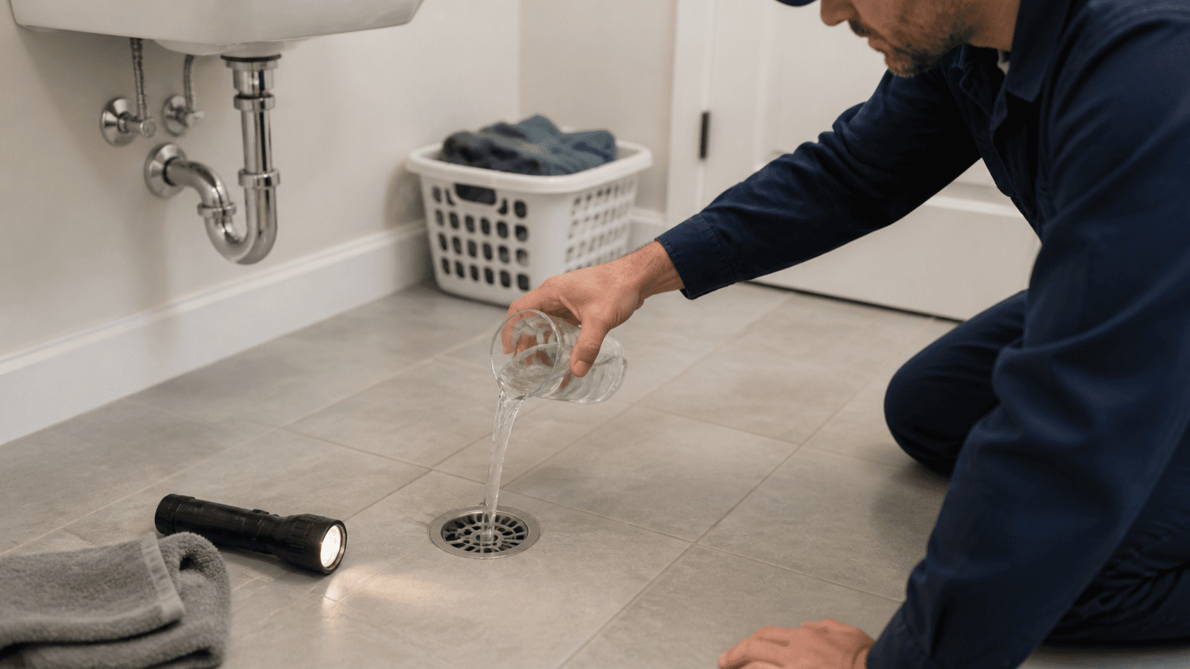 Water poured into an unused floor drain to refill a dry P trap