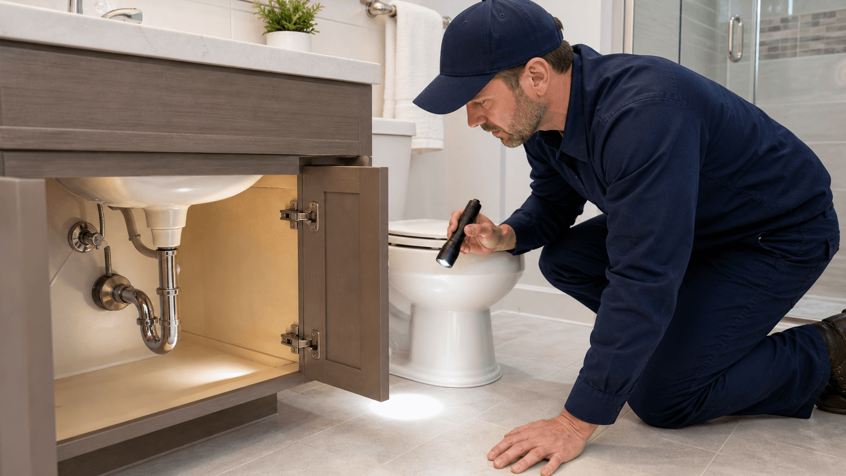 Plumber checking a sink P trap and toilet base while tracing sewer smell indoors
