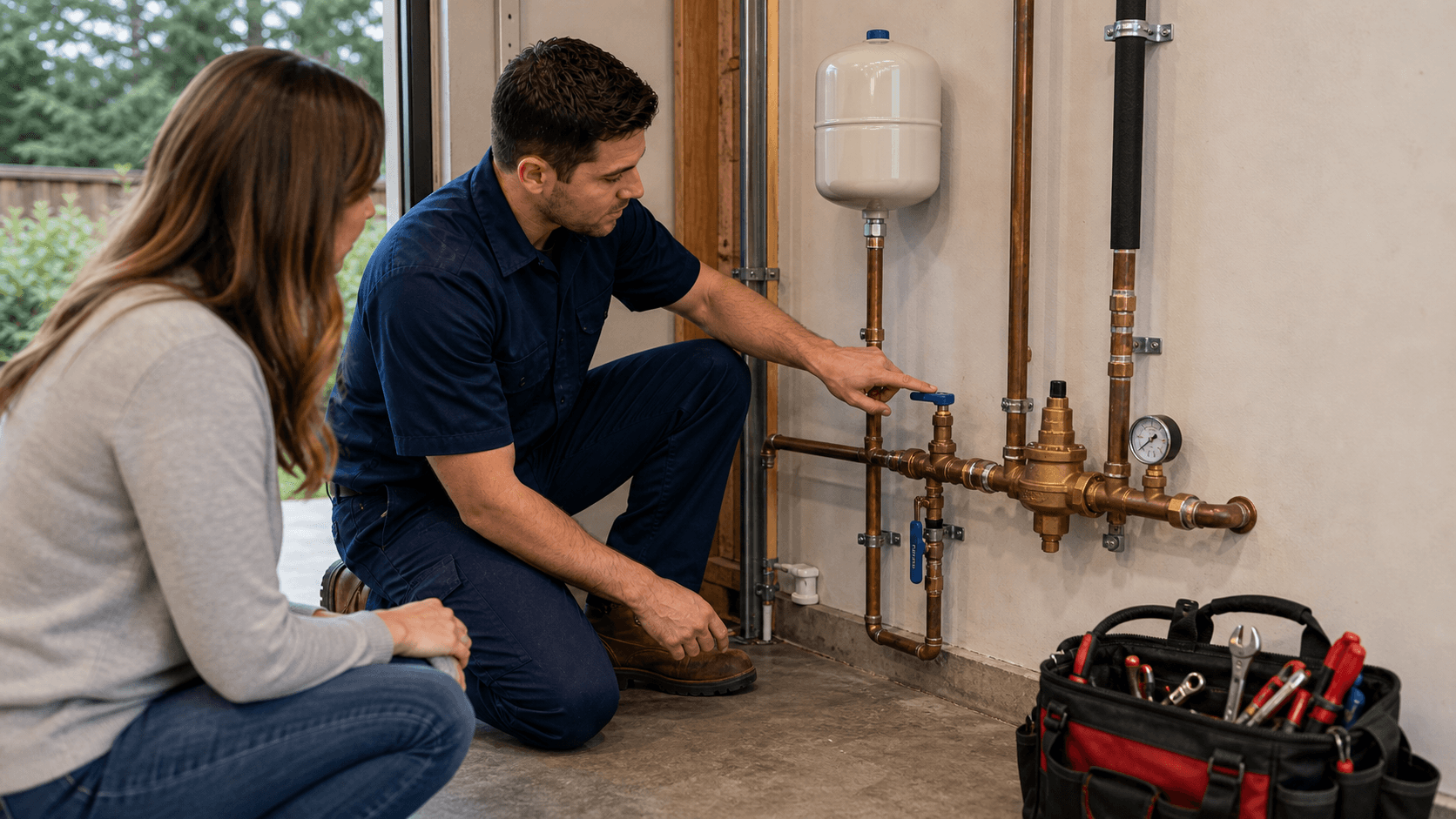 Plumber pointing to a main water shutoff valve and pressure reducing valve in a garage