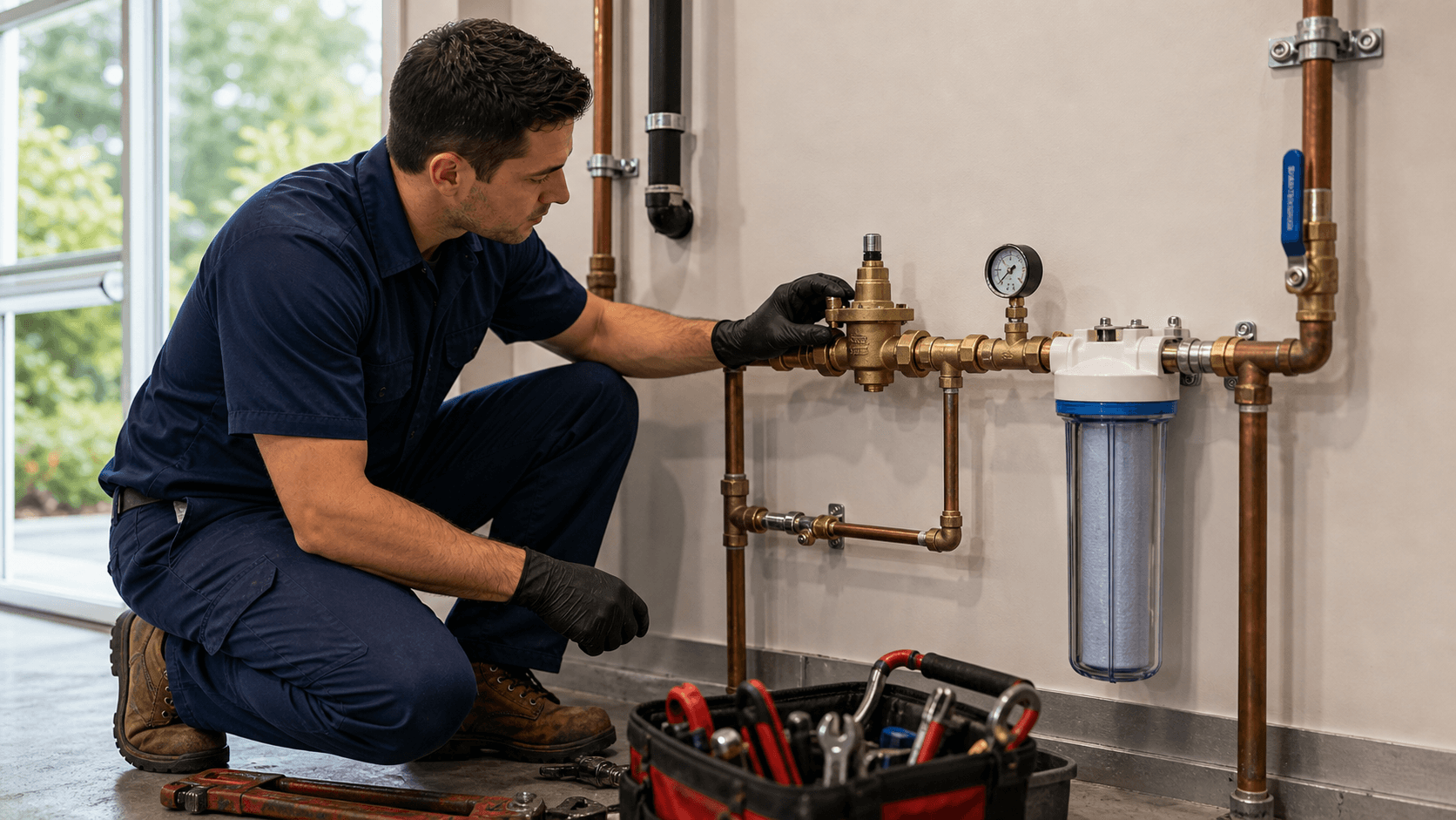 Plumber inspecting main water entry piping and pressure reducing valve in a Bellevue garage