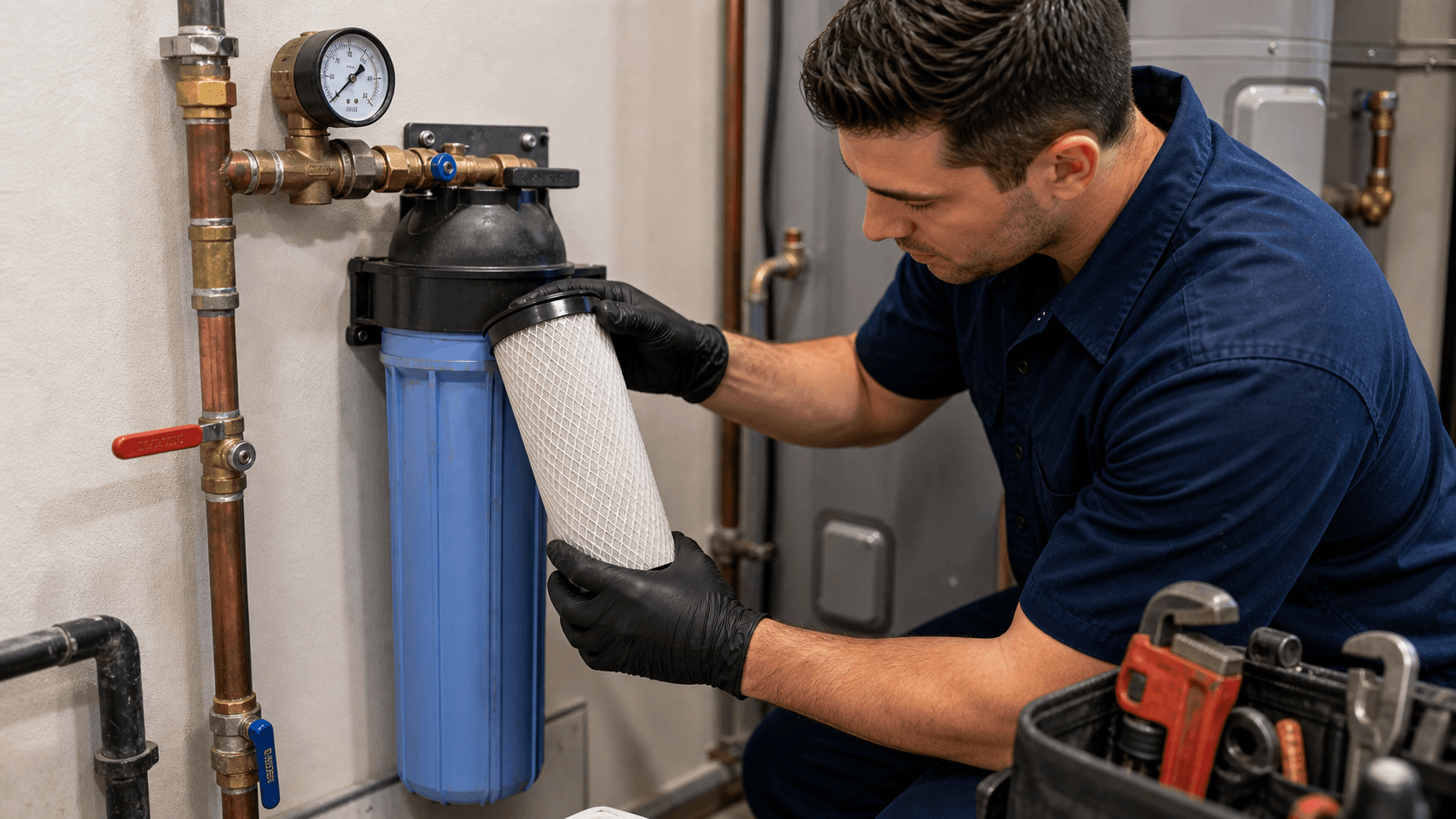Plumber checking a whole-house water filter cartridge and pressure gauge near copper piping