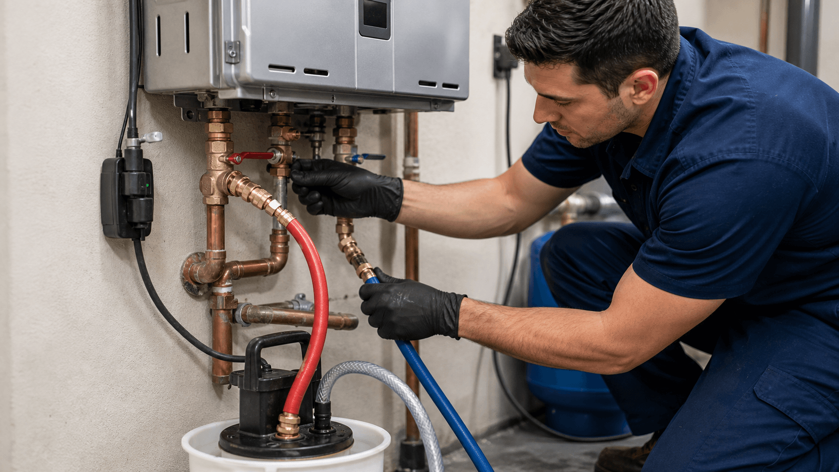 Service hoses connected to a tankless water heater for descaling and flushing